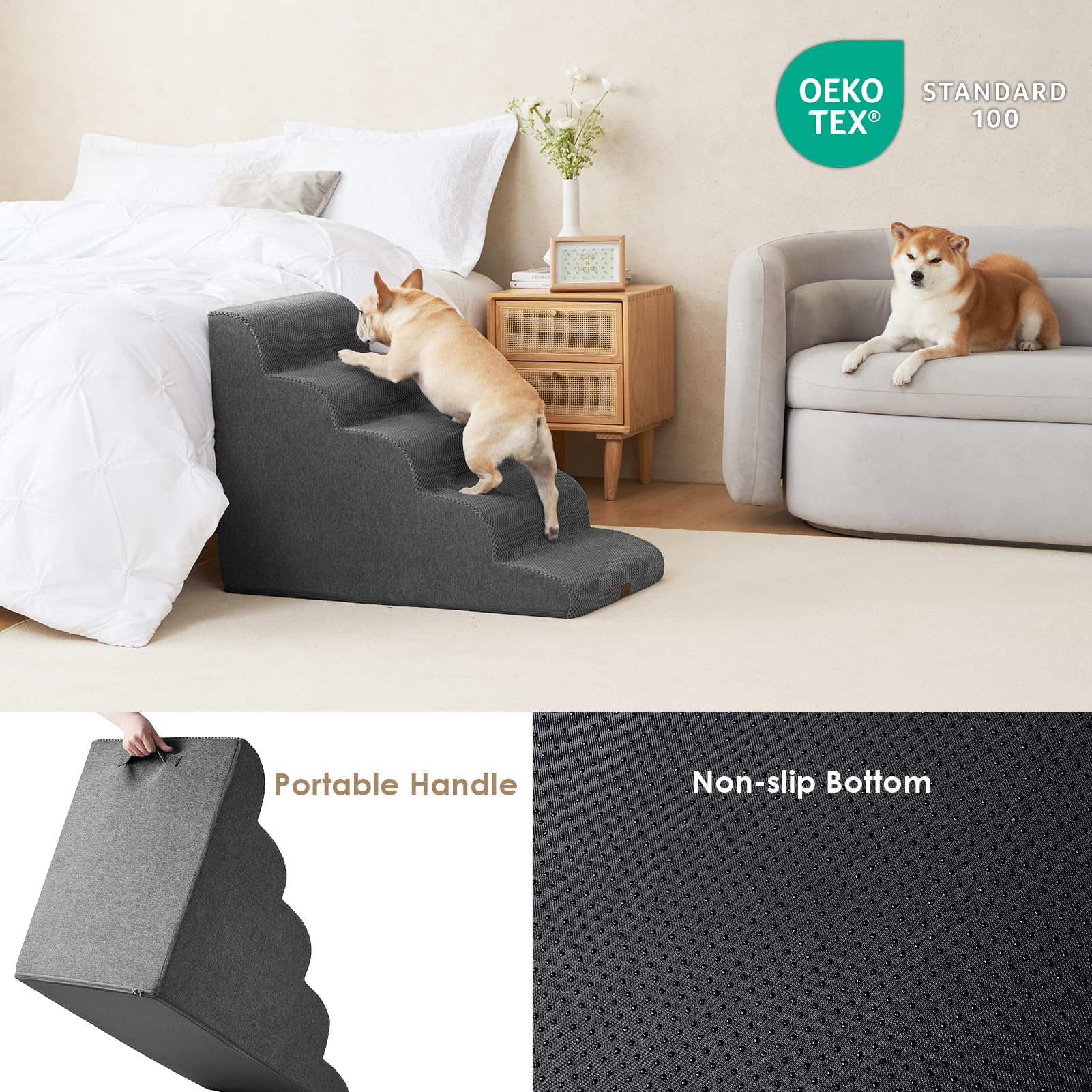 EHEYCIGA 5-Step Curved Dog Stairs Ramp for High Beds, Extra Wide Non-Slip Pet Steps for Small Dogs & Cats, Grey