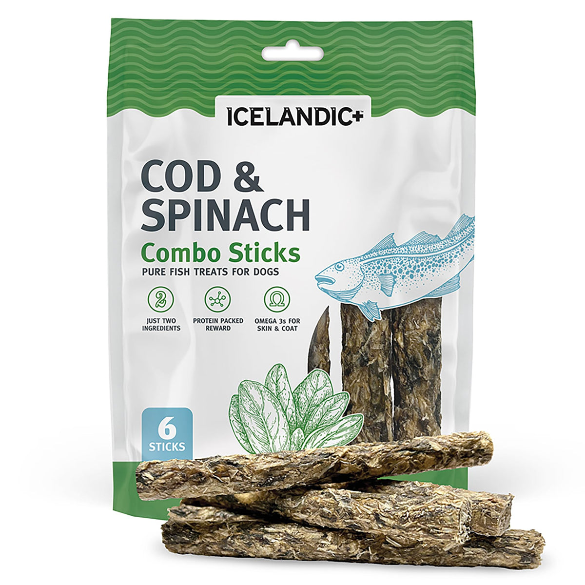 Icelandic+ Combo Sticks: Cod & Spinach - 2Oz - Dog Treats, Crunchy 2 Ingredient Pet Snacks, Preservative Free, Wild Caught Fish,