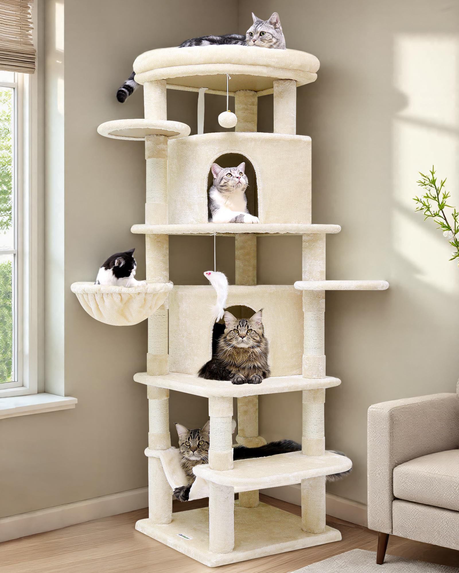 Globlazer C66 Corner Cat Tree For Large Cats, 66Inch Tall Curved Series Large Cat Tower For Multiple Indoor Cats With 6 Scratchi