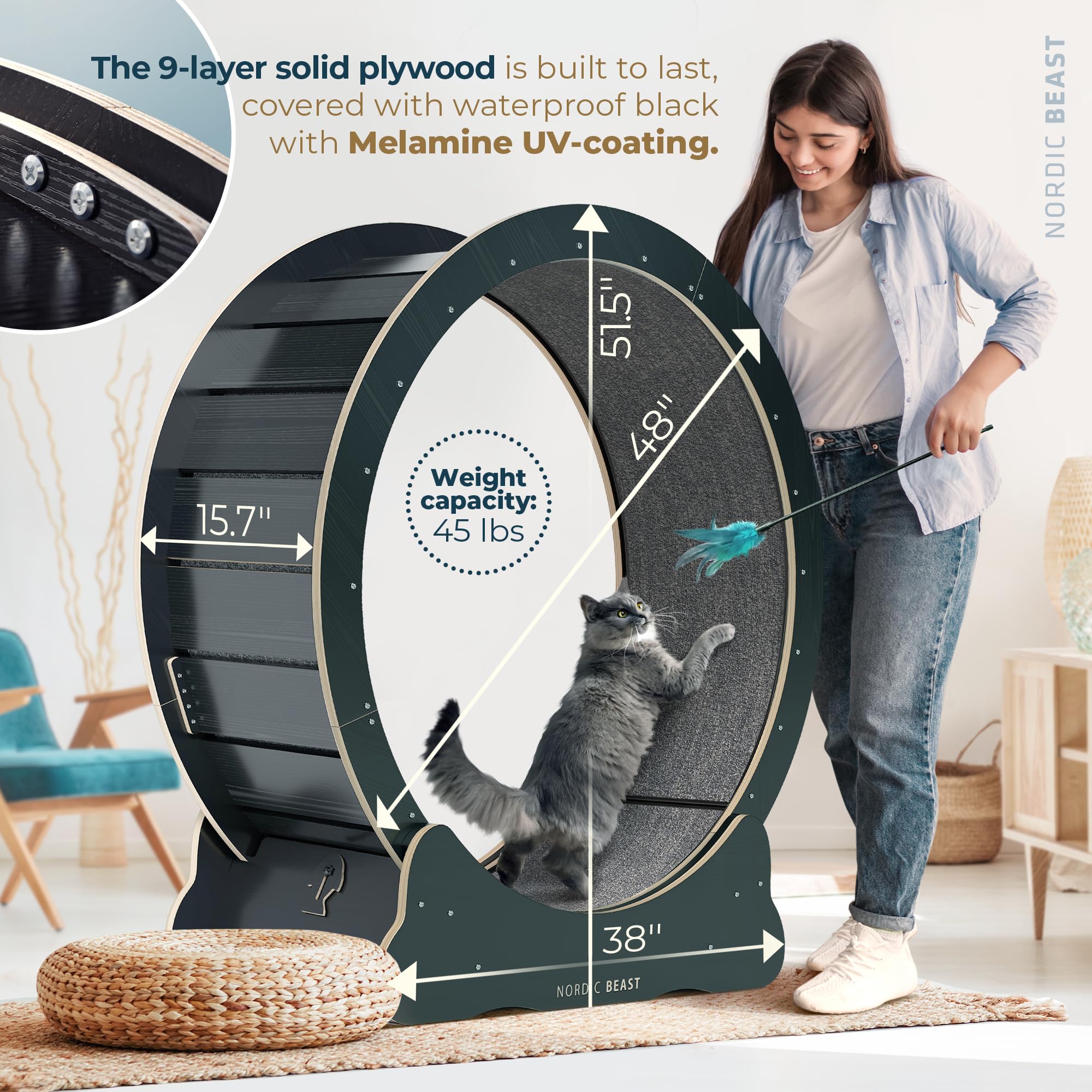 Nordic Beast 48'' Xl Cat Wheel - Cat Wheels For Indoor Cats Which Doesn'T Negatively Affect Your Cat'S Spine - 15.7'' Extra Wide