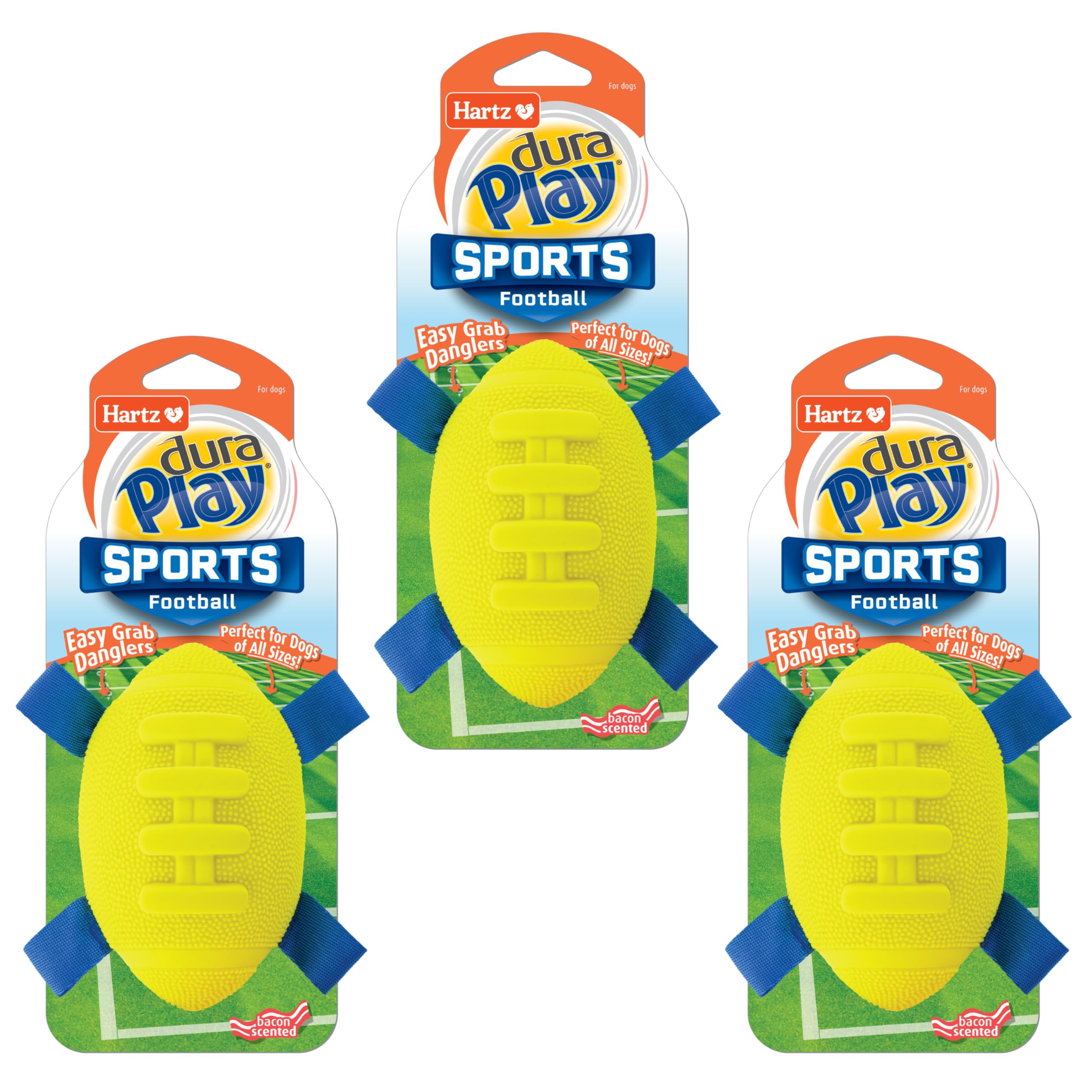 Hartz Dura Play Sports Football Dog Toy, Bacon Scented Squeaky Latex Yellow & Blue Toy, 3 Count