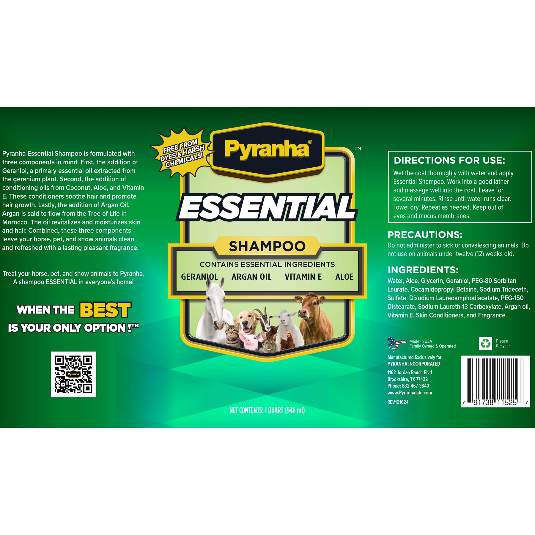 PYRANHA Essential Shampoo - Cleaning Refreshing Product for Horse, Dog, Cat & Show Animals with Coconut & Argan Oil, Geraniol, A