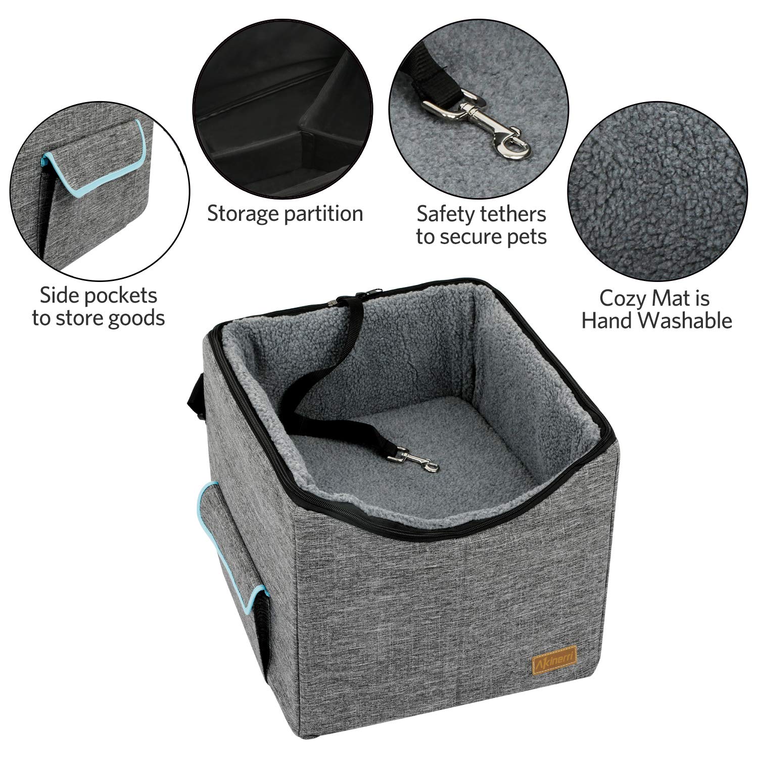 Dog Car Seat For Small/Medium/Large Dog, Soft & Comfortable Large Capacity Pet Booster Car Seat With Clip-On Safety Leash (Medium, Grey)