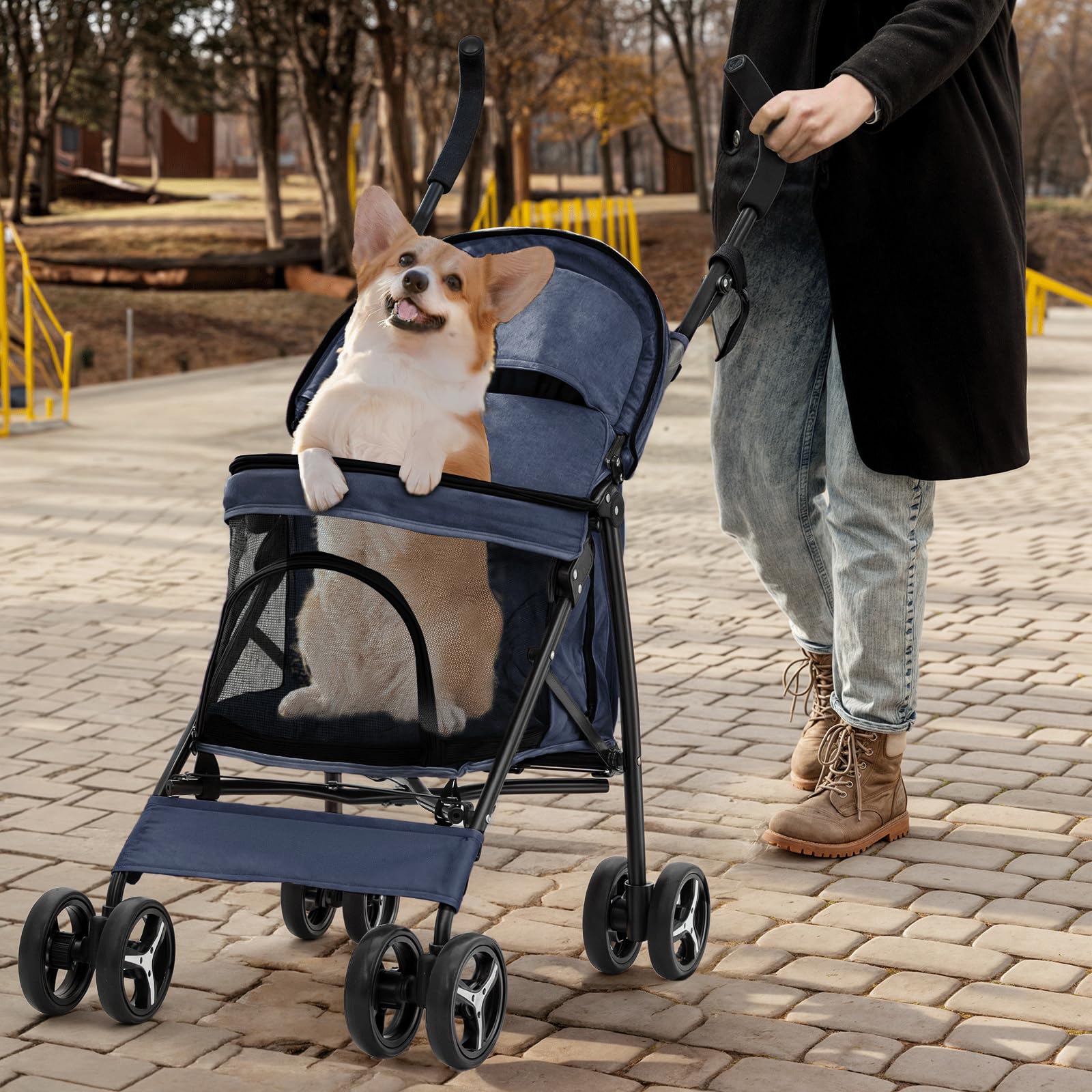 Monibloom 4 Wheels Pet Stroller, Easy-Fold Puppy Cage Jogger Stroller With Sun Cover, Pad And Rear Storage Bag, Breathable And V