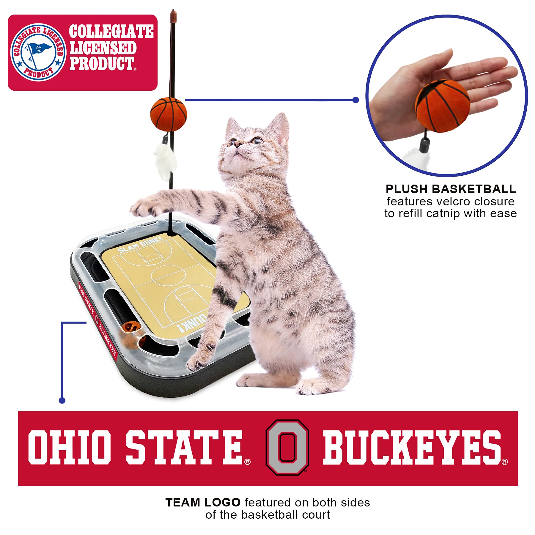 Ncaa Ohio State Buckeyes 6-In-1 Reversible Basketball Court Felt/Cardboard Cat Scratcher Toy & Interactive Cat Ball Bell