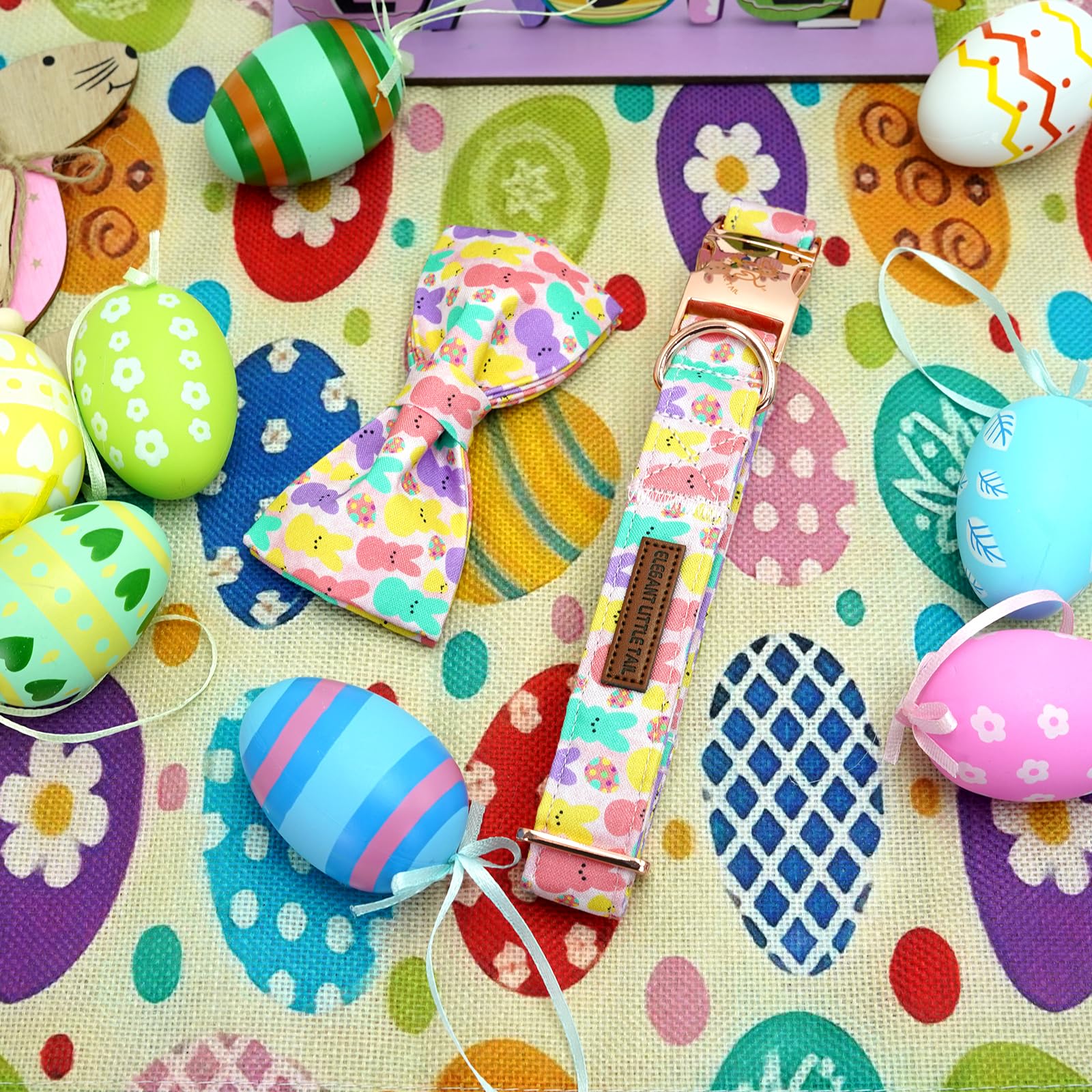 Elegant Little Tail Pink Bunny Print Easter Dog Collar, X-Small, Cotton, Durable, Bunny Pattern, Adjustable, Puppy