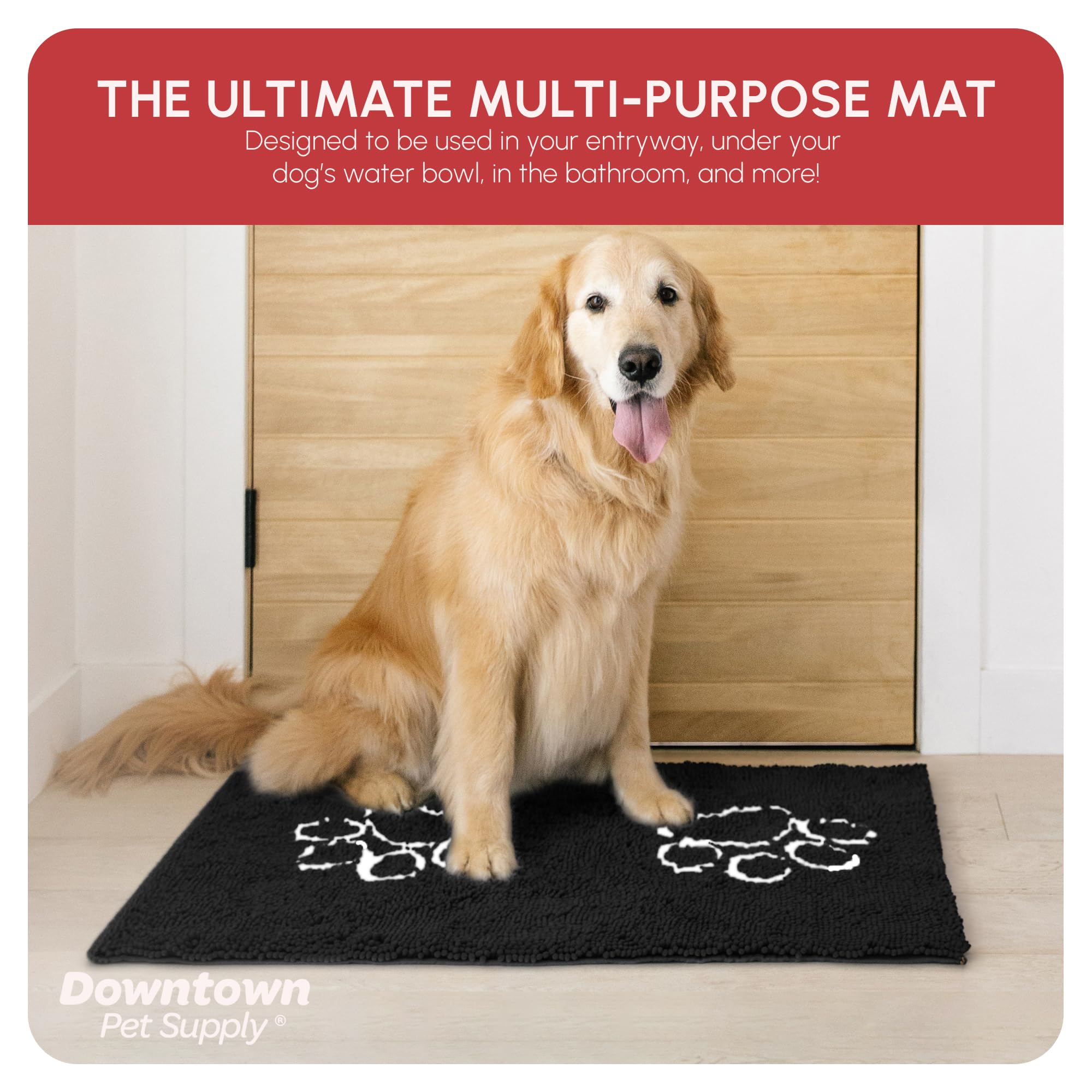 My Doggy Place Microfiber Dog Mat for Muddy Paws, 36 x 26 Black with Paw Print - Absorbent and Quick-Drying Dog Paw Cleaning Mat