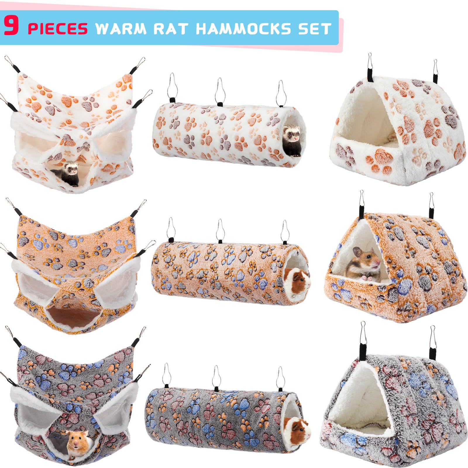 Abbylike 9 Pieces Rat Hammock Guinea Pig Ferret Hammocks Small Pet Hanging Tunnel Glider Toy Guinea Pig Ferret Hideout Bed Cage