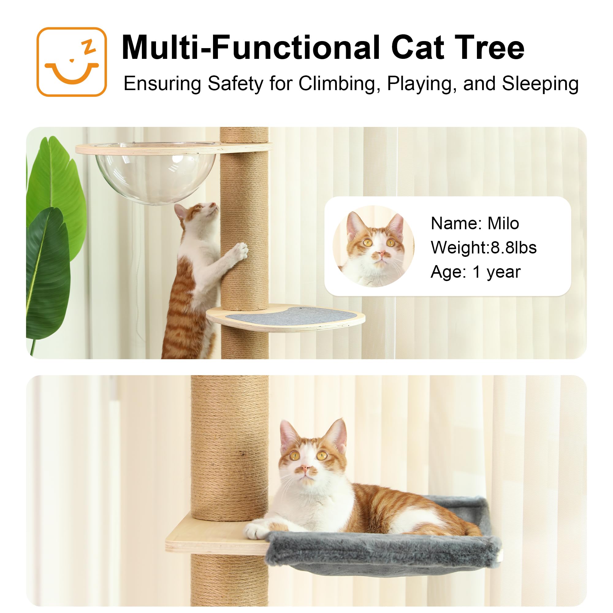 Fukumaru Floor To Ceiling Cat Tree, 6 Level Adjustable Height (5.7-9.8 Ft) Climbing Tower With Thickened Scratching Posts, Cats