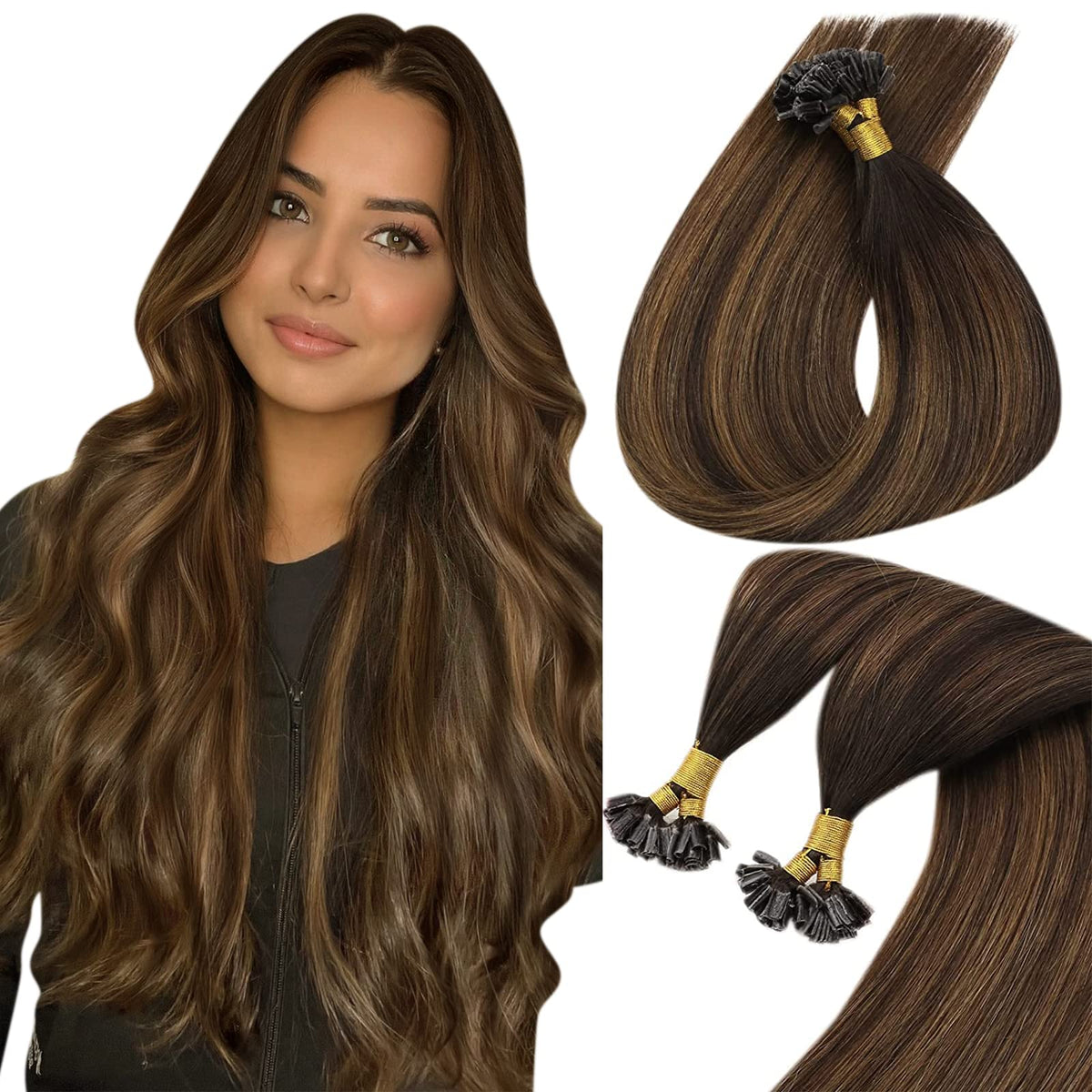 Sunny U Tip Keratin Hair Extensions Human Hair Brown U Tip Hair Extensions Real Human Hair Medium Brown Balayage Darkest Brown U