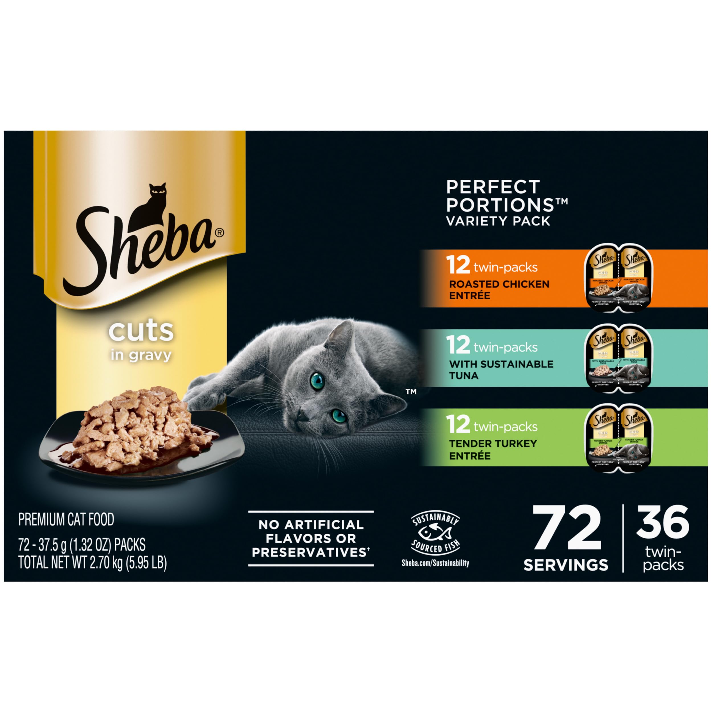 Sheba Perfect PORTIONS Cuts in Gravy Wet Cat Food Trays (36 Count, 72 Servings), Roasted Chicken, Signature Tuna and Tender Turk