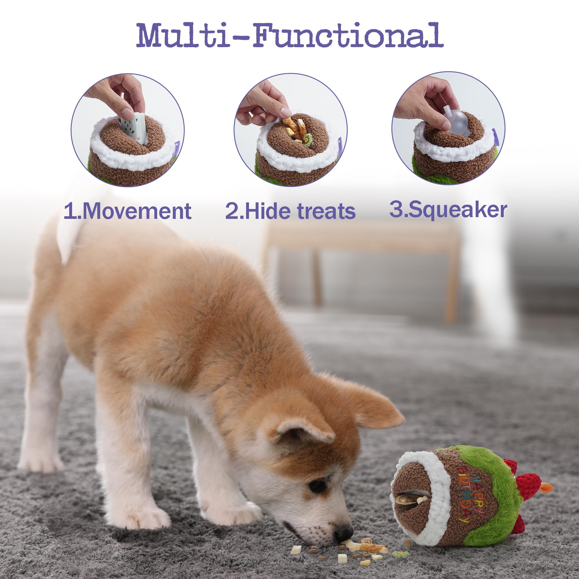 Fuzzwoof Dog Happy Birthday Cake Singing Toy with Crinkle, Stuffed Plush Puppy Present for Birthday Party, Dog Toy for Small Med