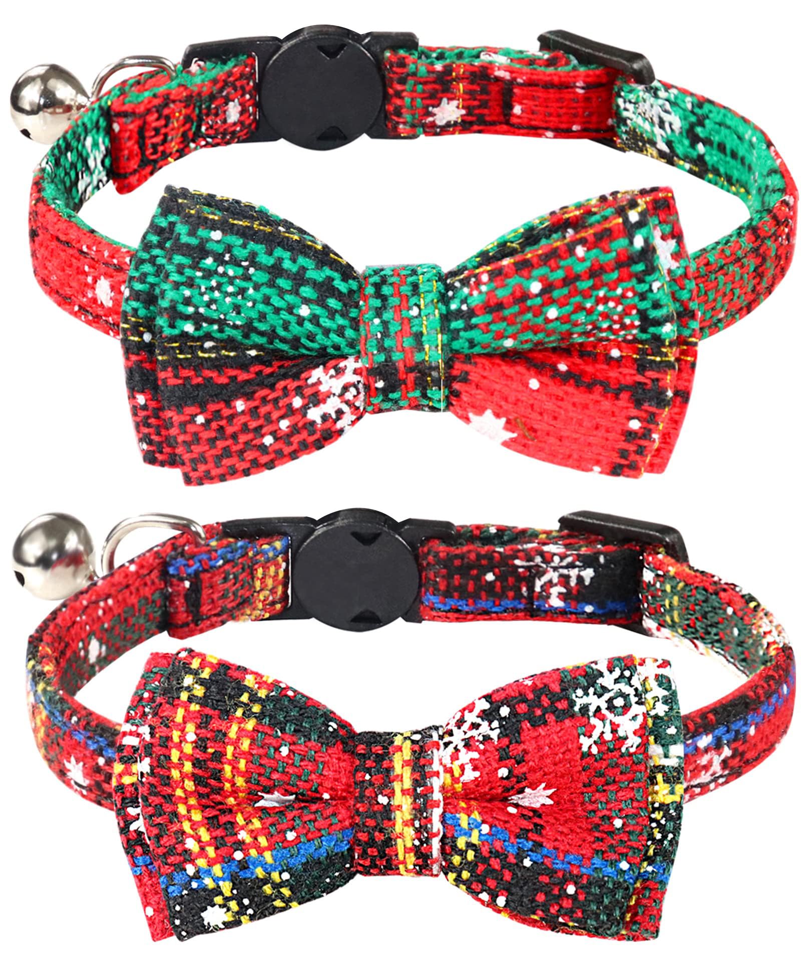 Joytale Upgraded Christmas Cat Collar With Bells, Breakaway Cat Collars With Bow Tie, 2 Pack Girl Boy Safety Plaid Kitten Collar
