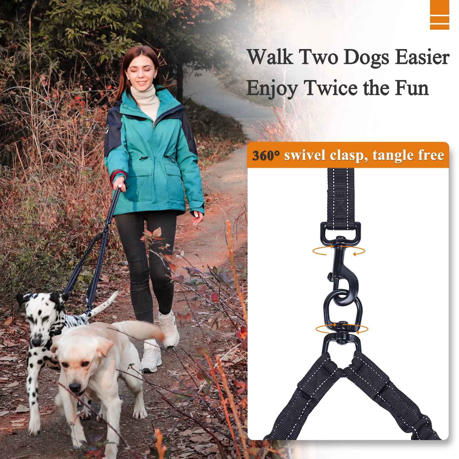 Vivaglory Double Dog Leash, Two Dog Leash No Pull & Tangle Free Bungee Dog Leash, Dual Dog Leash With Traffic Handles Reflective For Medium To Large Dogs For Daily Walking & Training