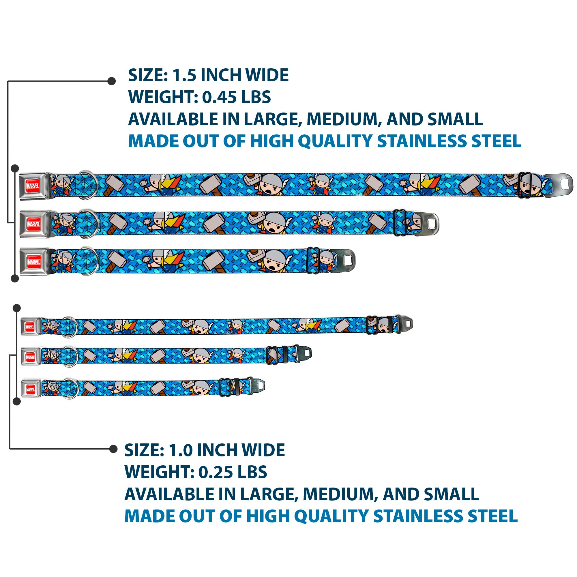 Buckle-Down Dog Collar Seatbelt Buckle Kawaii Thor Poses Hammer Monogram Blues 16 To 23 Inches 1.5 Inch Wide