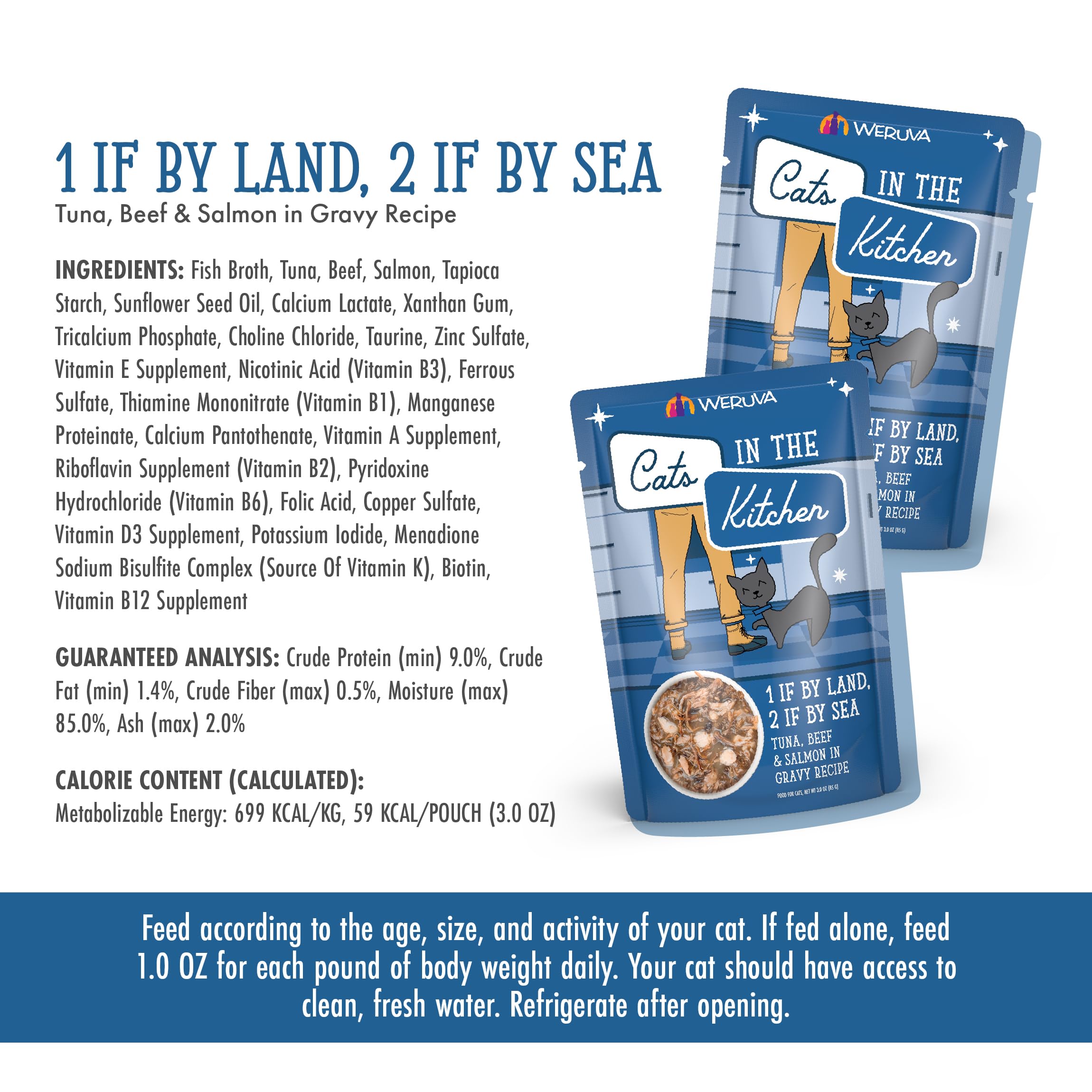 Weruva Cats in The Kitchen, 1 if by Land, 2 if by Sea with Tuna, Beef & Salmon in Gravy Cat Food, 3oz Pouch (Pack of 12)