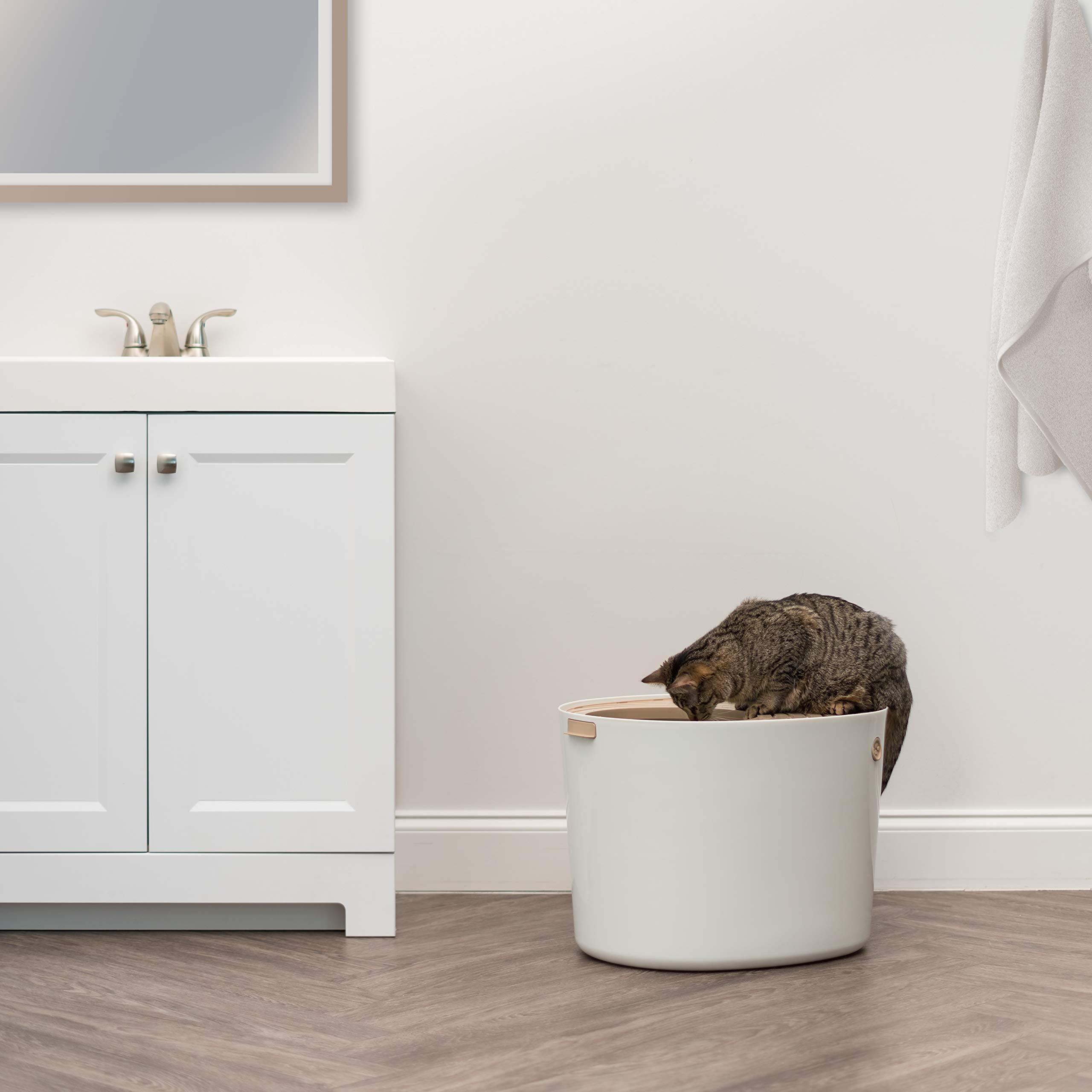 Iris Usa Cat Litter Box, Top Entry Litter Box With Scoop, Stylish Round Cat Litter Box Enclosure, Kitty Litter Box, White/Beige