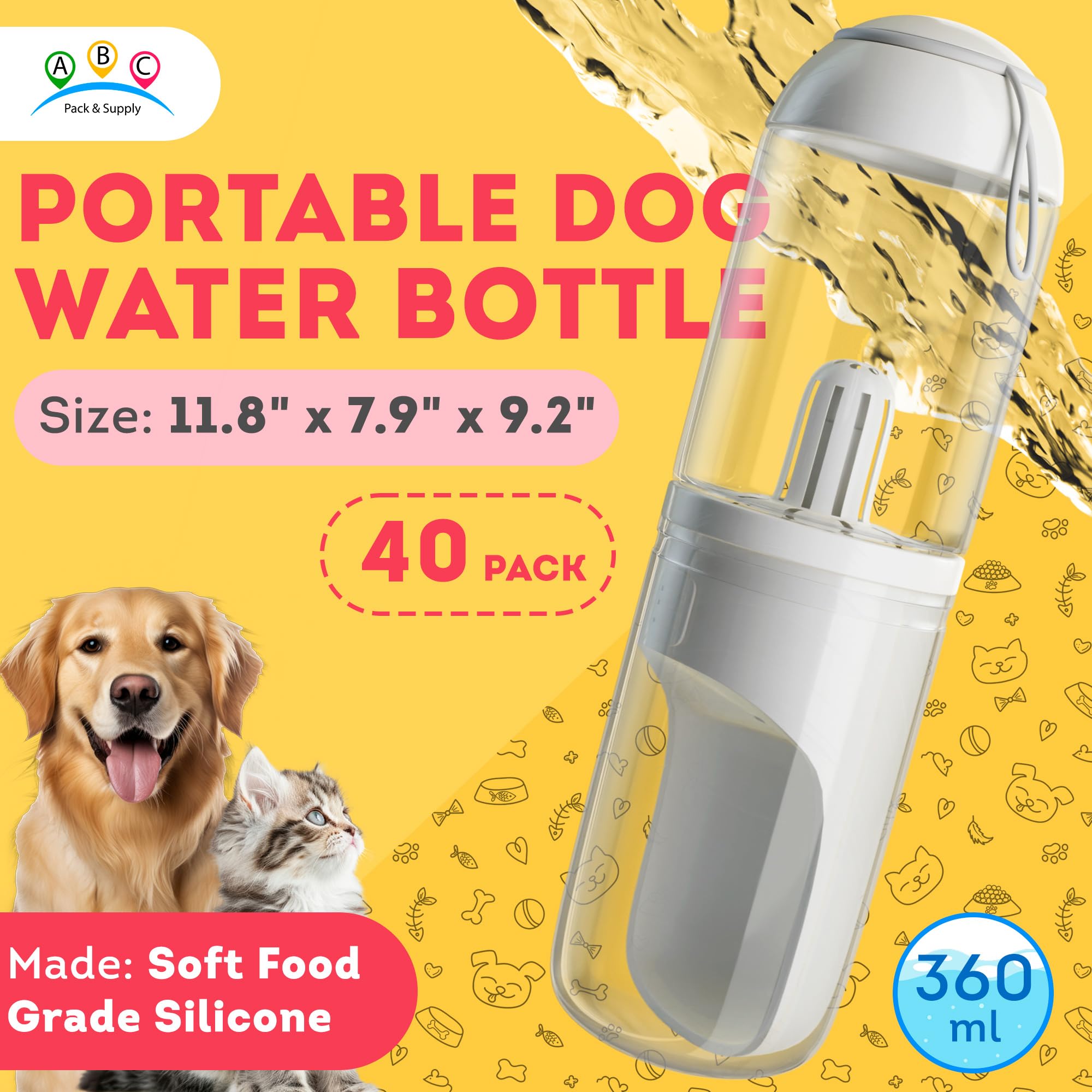 Abc Pack & Supply Portable Dog Water Bottle Dispenser 12 Oz, 11.8 X 7.9 X 9.2 Inch. Pet Water Bottles For Dogs On Walks. Abs Dog Travel Water Bottle With Silicone Strap & Cotton Filter