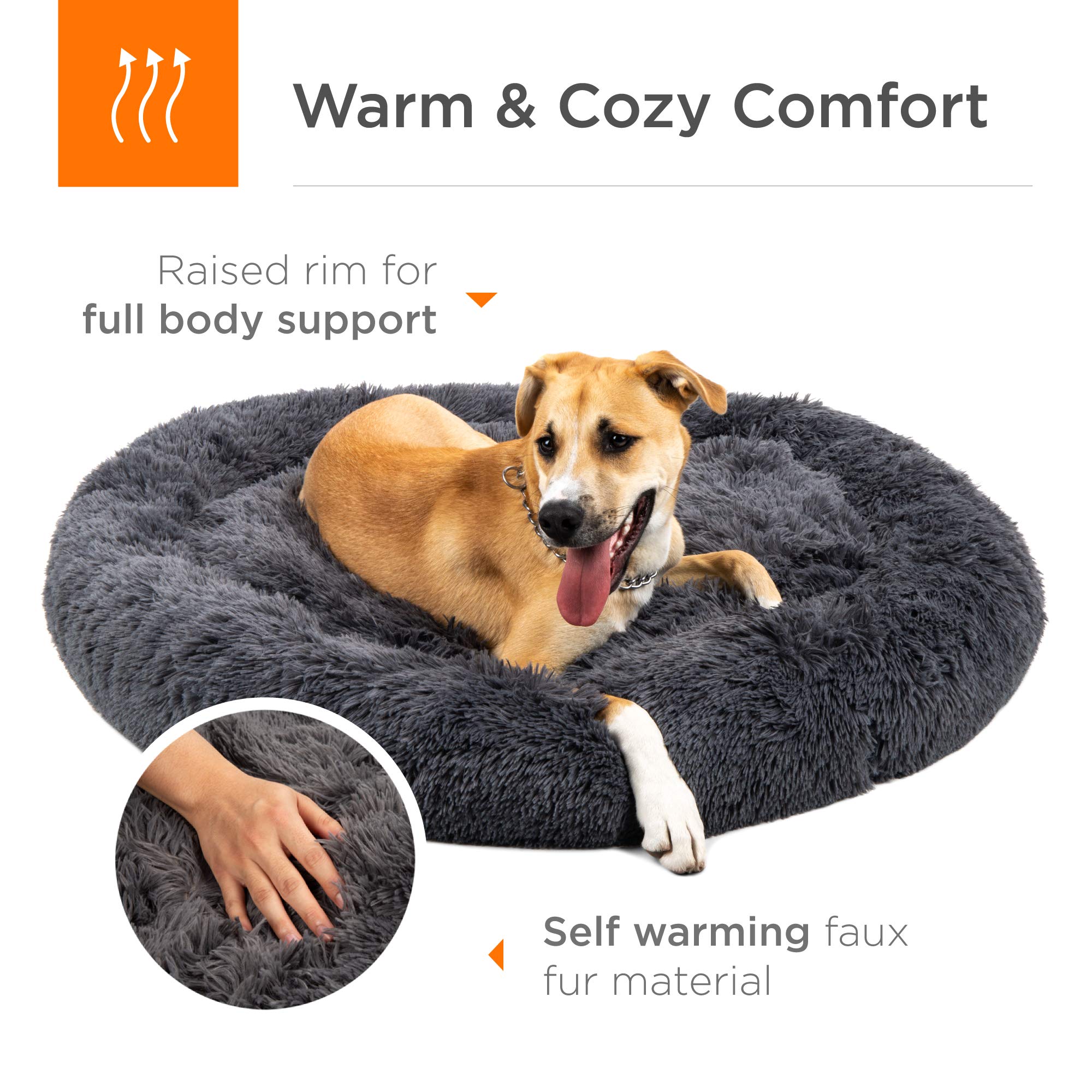 Best Choice Products 45In Dog Bed Self-Warming Plush Shag Fur Donut Calming Pet Bed Cuddler W/Water-Resistant Lining, Raised Rim - Gray