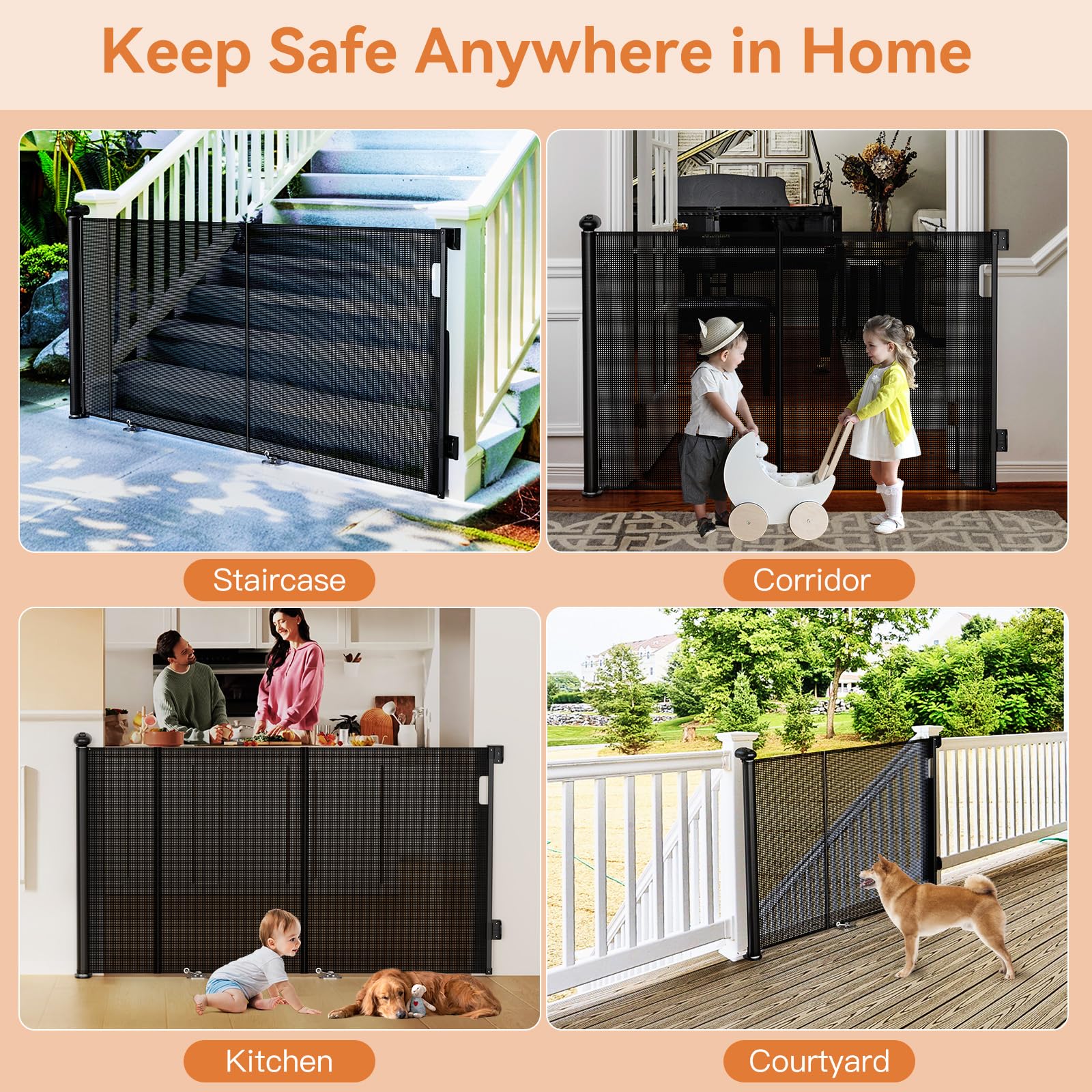 55 Inch Wide Retractable Baby Gate for Stairs, 42 Tall Dog Gate Extra Wide with Child Lock, Length-Adjustable Indoor Mesh Gates