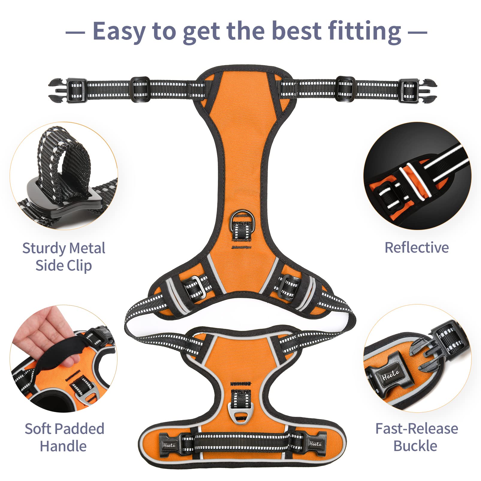 HEELE Dog Harness - No Pull Adjustable, Padded, Reflective, Large, Orange, Model: Harnais Chien, Durable Nylon & Oxford Material