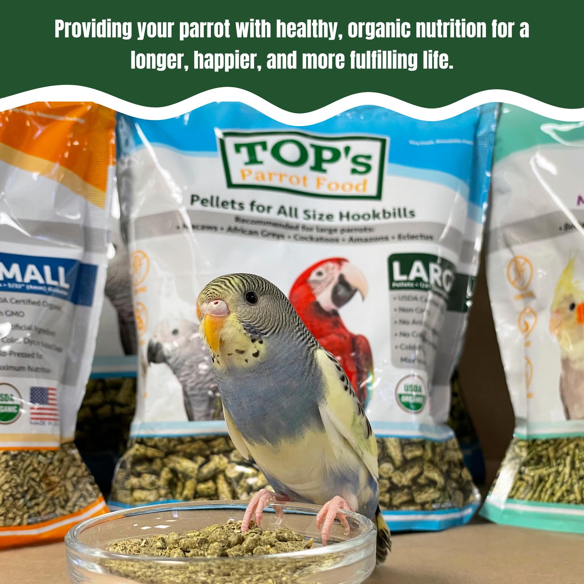 TOPs Parrot Food Pellets Hookbills, Small, Medium and Large Parrots - Non-GMO, Peanut Soy & Corn Free, USDA Organic Certified -