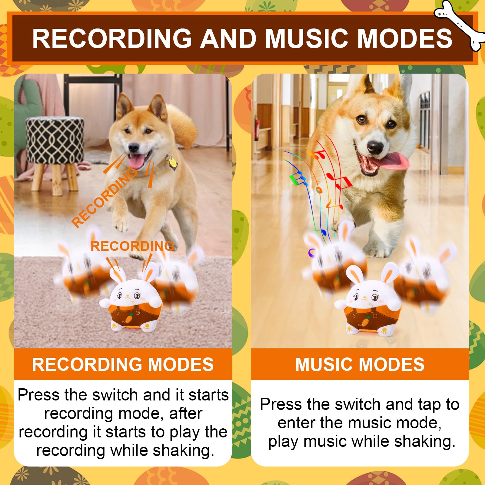 Baborui Interactive Dog Toys Bunny, Jumping Squeaky Easter Dog Toys With Recording And Music Modes, Rechargeable Moving Dog East