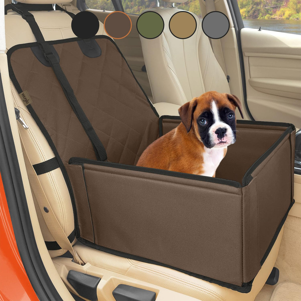 Extra Stable Dog Car Seat - Robust Car Dog Seat Or Puppy Car Seat For Small To Medium-Sized Dogs - Reinforced Walls And 3 Belts - Waterproof Pet Car Seat For Back And Front Seat (Brown/Black)