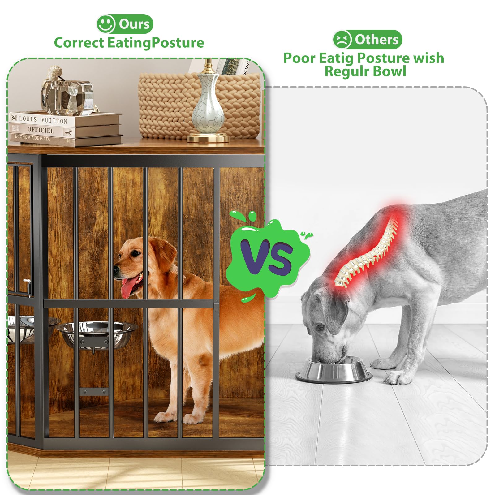 MODCART Medium Dog Crate - 42” Heavy Duty Wooden Furniture, Brown, Chew-Resistant, Includes 2 Stainless Steel Bowls, Model S-4BC200519B