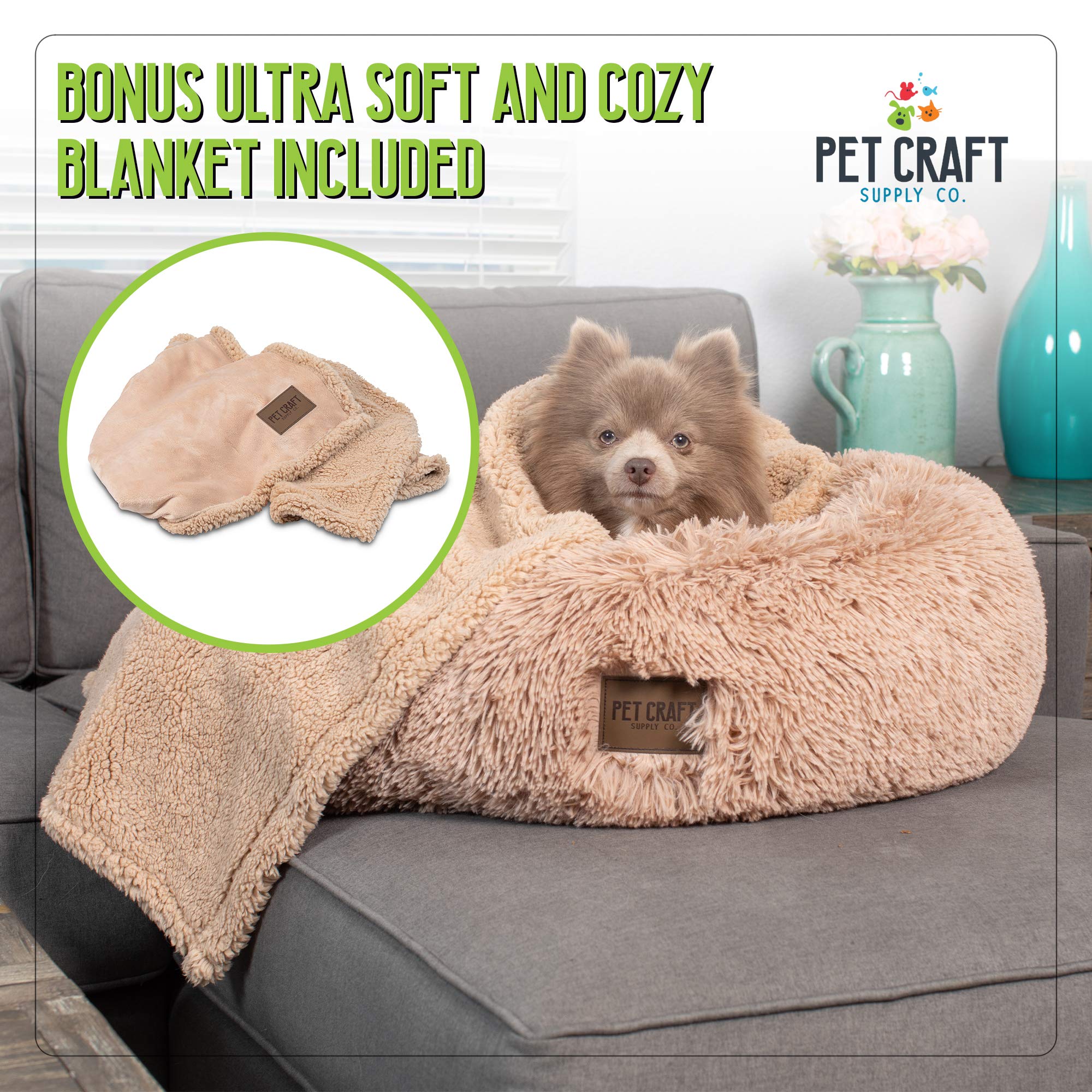 Pet Craft Supply Ultra Plush Calming Anti-Anxiety Pet Bed - Includes Super Soft Comfort Blanket - Great Medium Dog, Puppy And Cat Bed