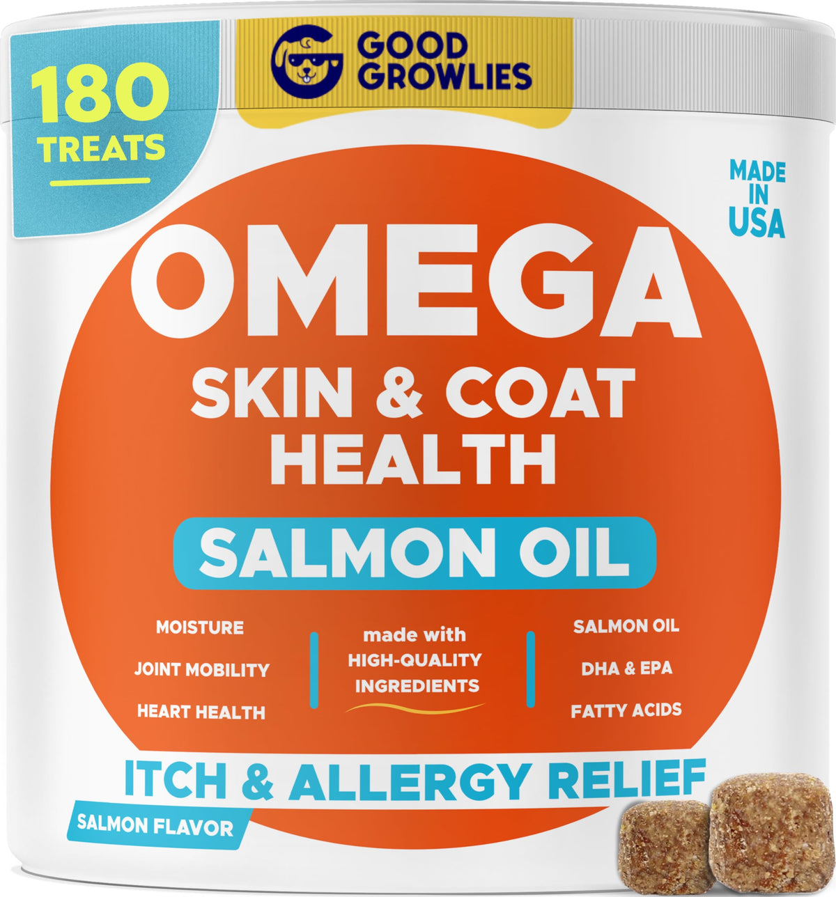 Goodgrowlies Omega 3 Fish Oil For Dogs (180Ct) - Skin&Coat Chews - Dry & Itchy Skin Relief + Allergy Support - Shiny Coat - Epa&Dha Fatty Acids - Salmon Oil Chews Promotes Heart