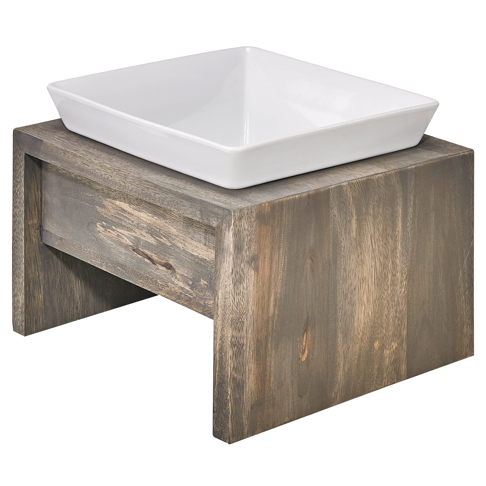 Bowsers Artisan Diner Single Dog Feeder - Handcrafted Rubberwood Frame with Square Ceramic Bowl Feeder for Dogs - Fossil, Medium