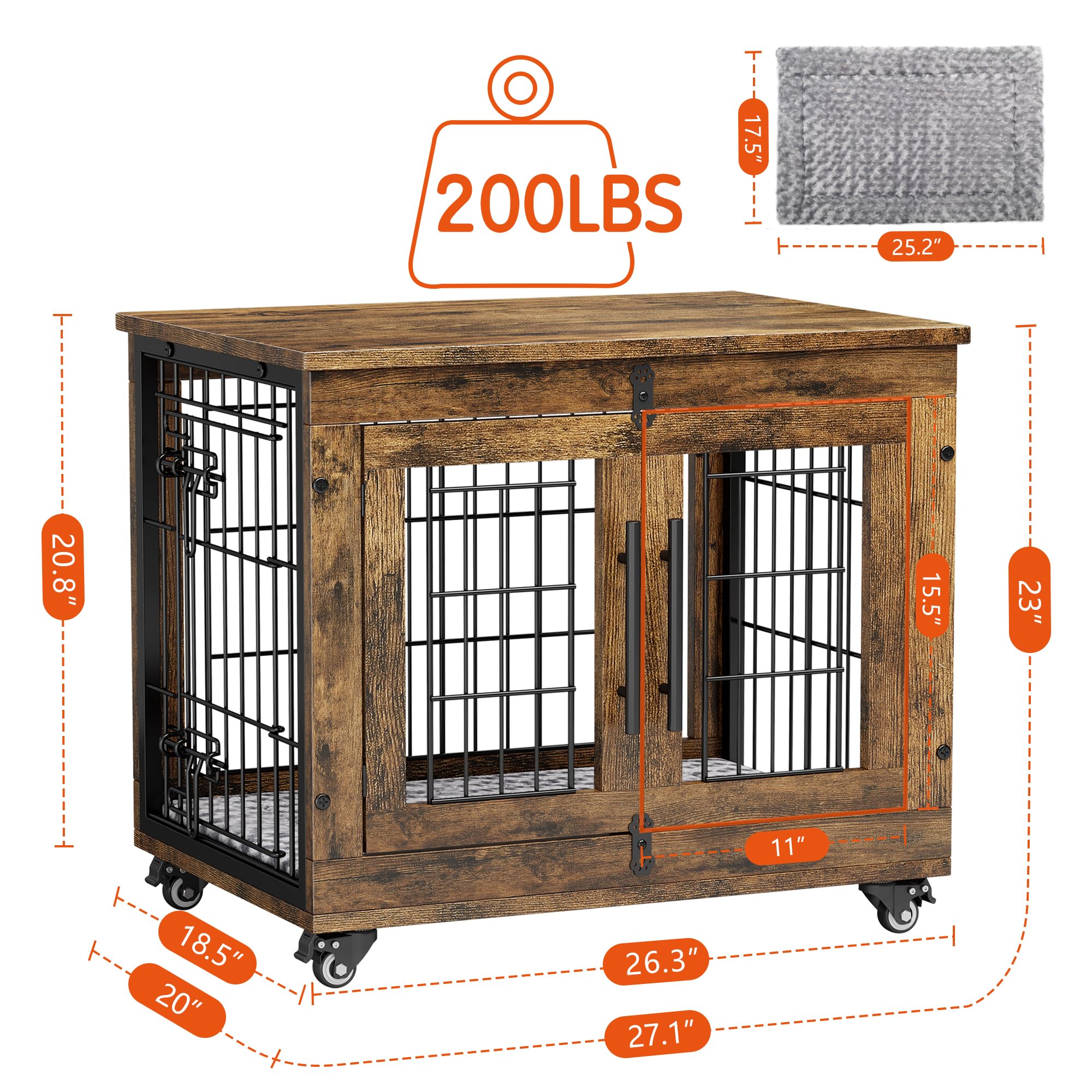 Lulive Small Dog Crate Furniture, Dog Kennel Indoor Double Doors Wooden Dog Cage, 27.1 Heavy Duty Dog Crate with Cushion & Whe