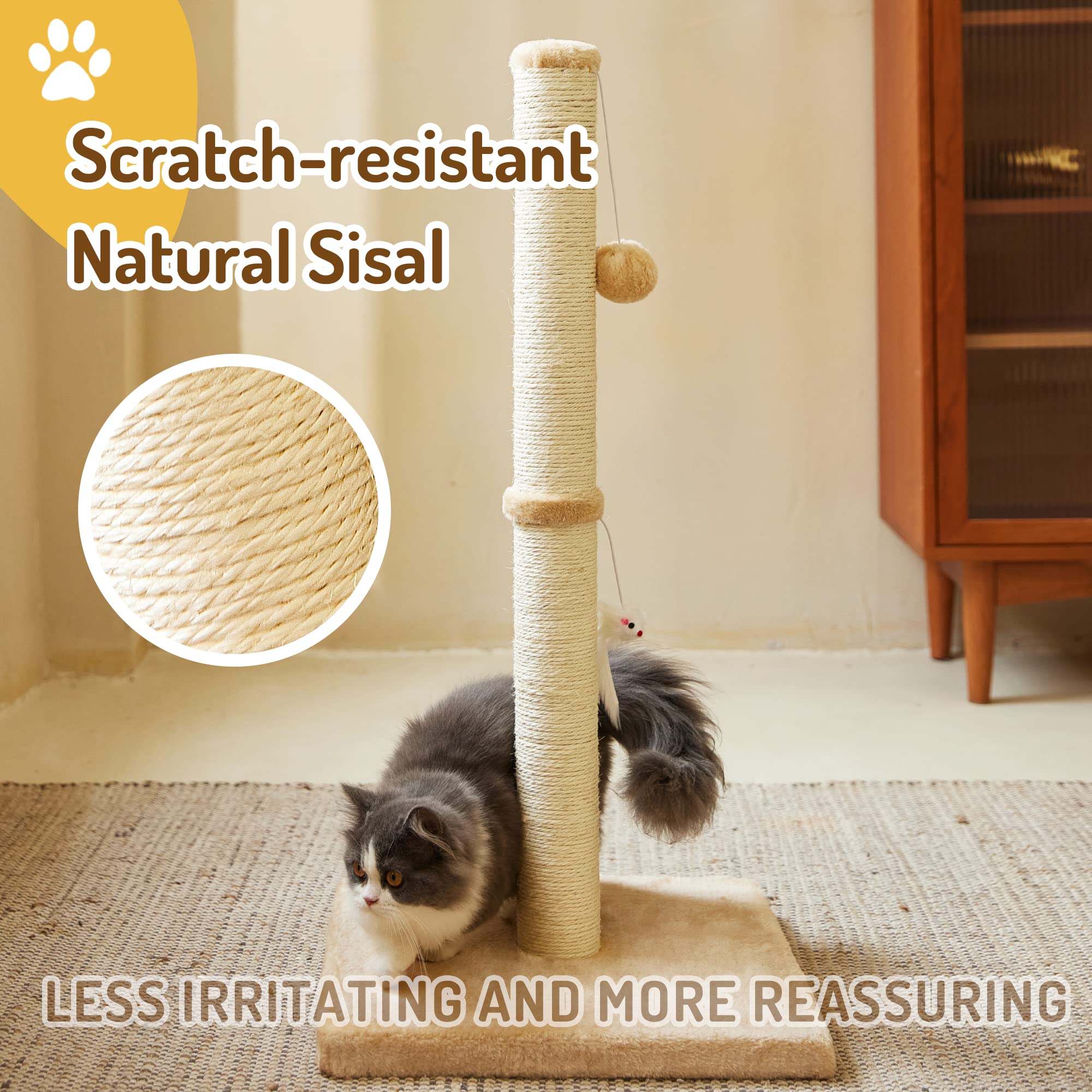 Meowhomm 32” Tall Cat Scratching Posts For Indoor Cats Adults With 2 Hanging Ball, Large Cat Scratch Post Cat Scratcher Includes Sisal Rope(Yellow)