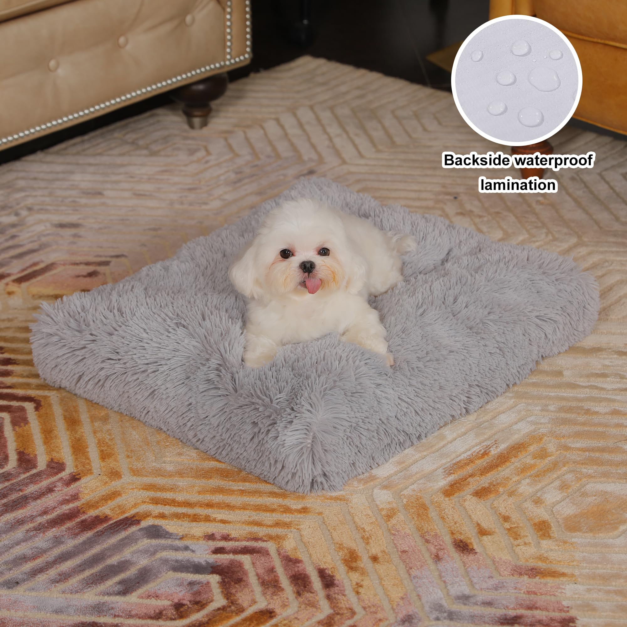 Bedfolks Plush Dog Crate Pad, Washable Faux Fur Bed For Small Dogs & Cats - 17'X12', Light Grey