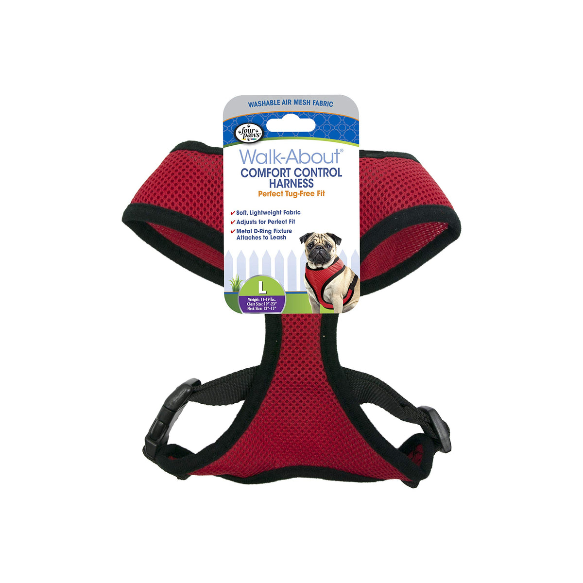 Four Paws Walk-About Comfort Control No-Pull Harness For Dogs, Adjustable Soft Padded Breathable Air Mesh Dog Vest For Walking, Red, Large