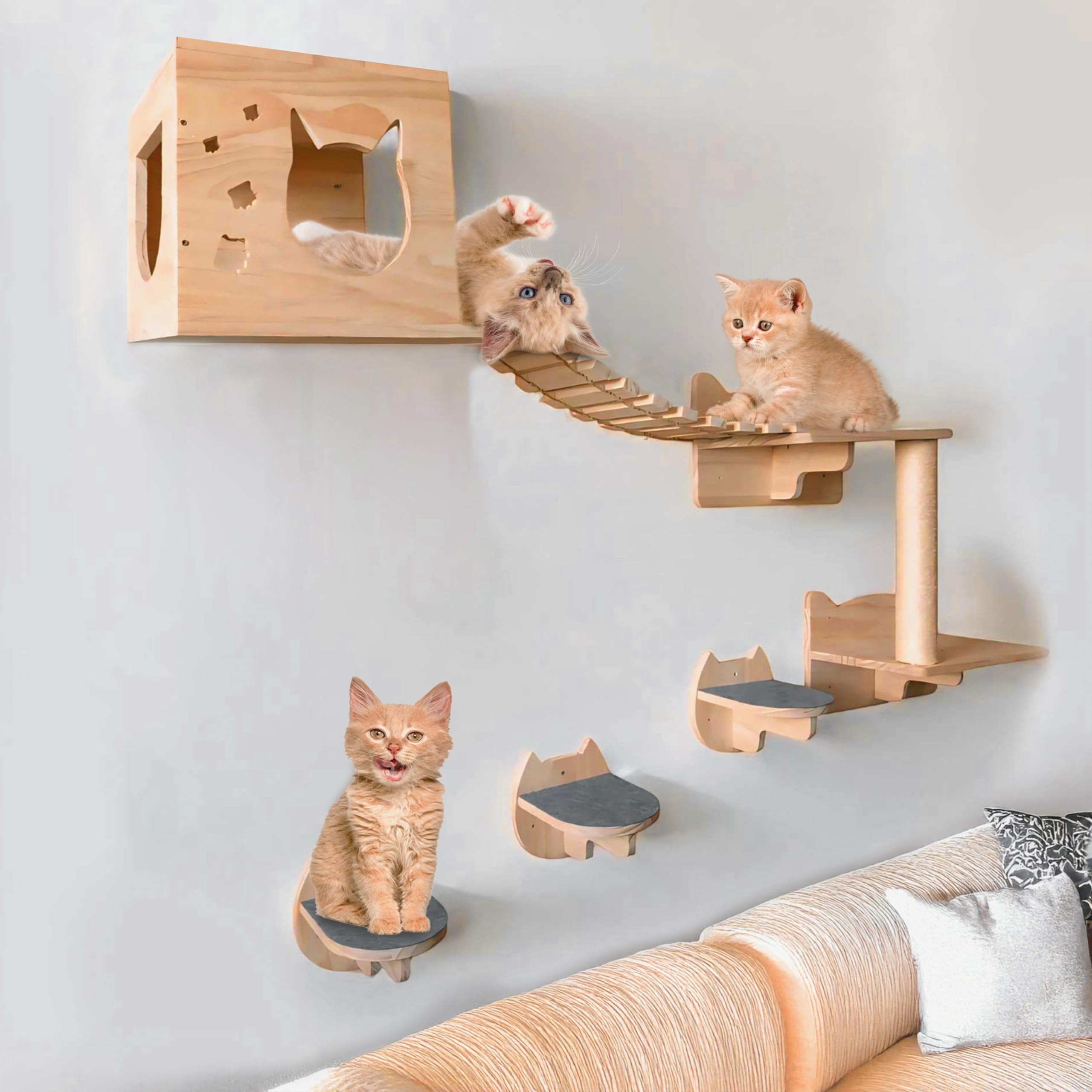 Vantix Plus Cat Wall Shelves | Pine Wooden Wall Mounted Cat Furniture, Set Of 8, Cute Perch, Shelves, Scratching Posts, Steps An