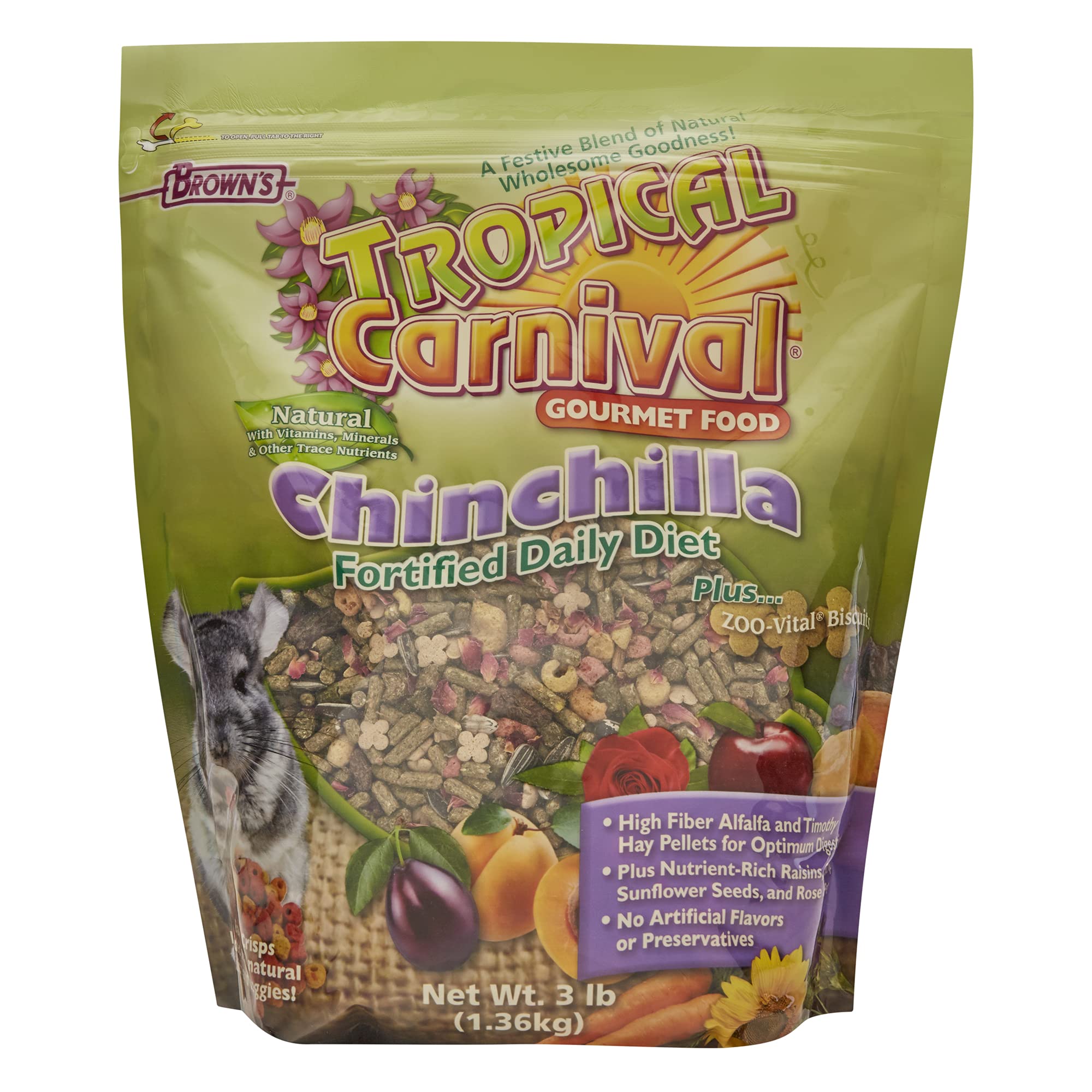 F.M. Browns Tropical Carnival Natural Chinchilla Food, 3-lb Bag - Vitamin-Nutrient Fortified Daily Diet with High Fiber Alfalfa