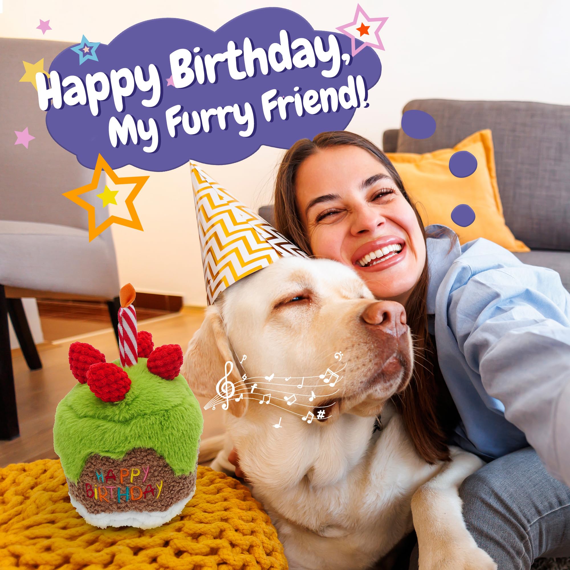 Fuzzwoof Dog Happy Birthday Cake Singing Toy with Crinkle, Stuffed Plush Puppy Present for Birthday Party, Dog Toy for Small Med