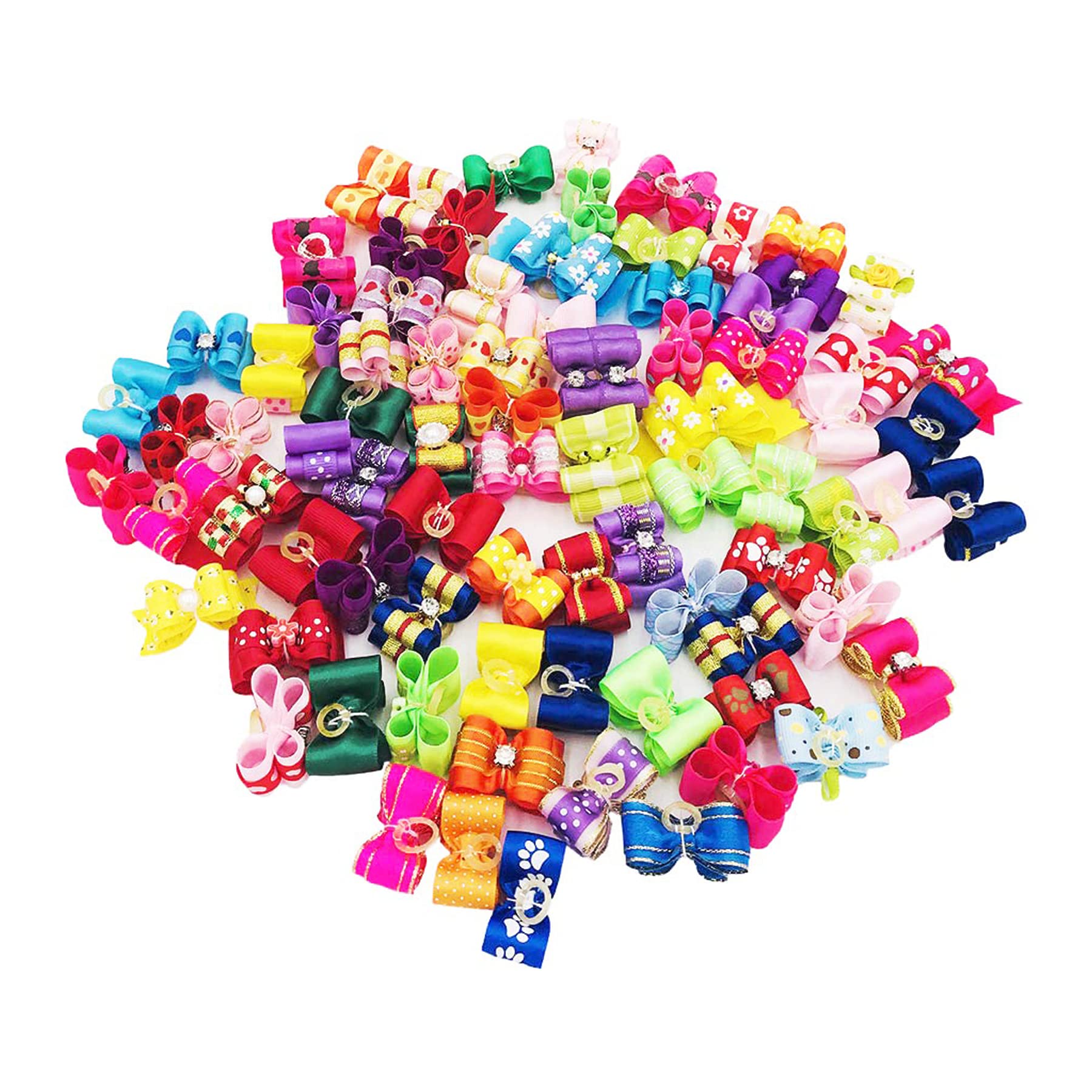 JpGdn 50pcs /25Pair Small Dog Hair Bows with Rubber Bands and Rhinestones Puppy Grooming Bows Doggies Cat Topknot Bowknot Pet Hair Accessories Color Random -Like New