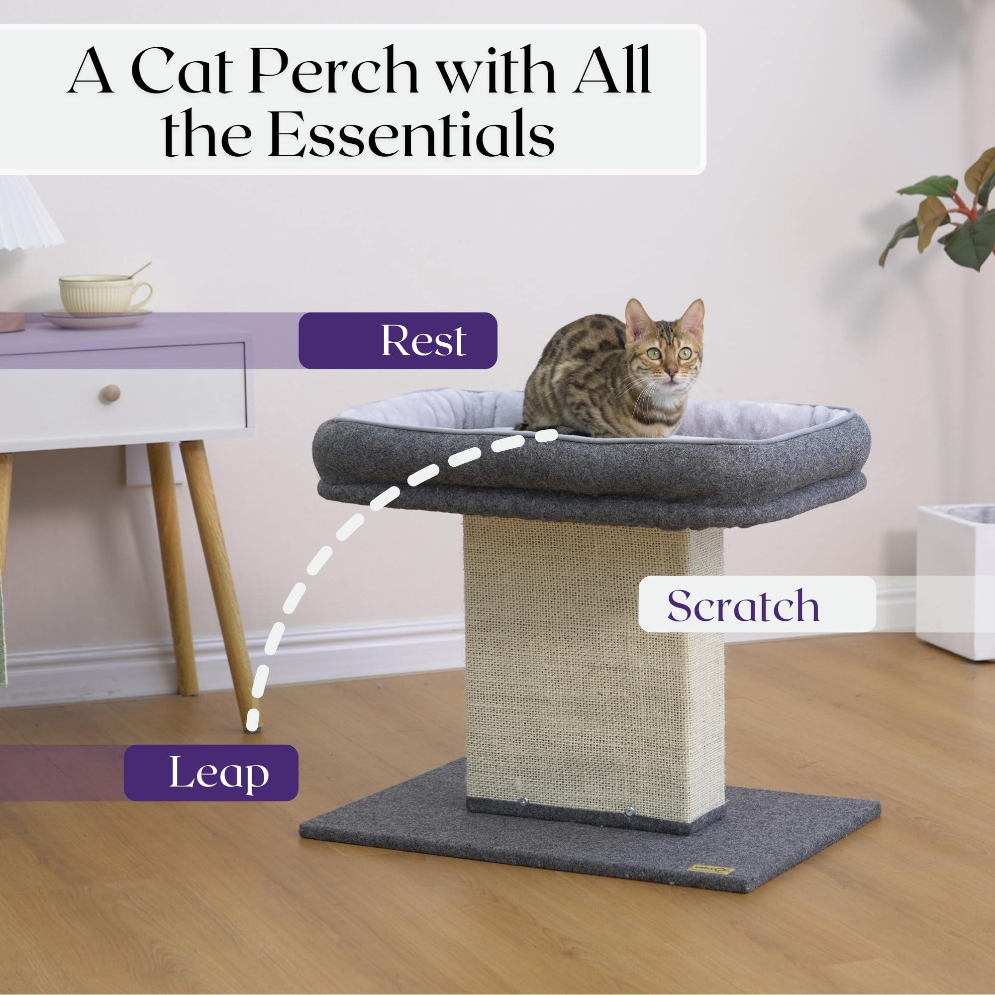Catry 19'' High 2-In-1 Elevated Cat Perch With Large Soft Felt Bed, Wide Sisal Scratching Post, Minimalist Cat Furniture For Cli
