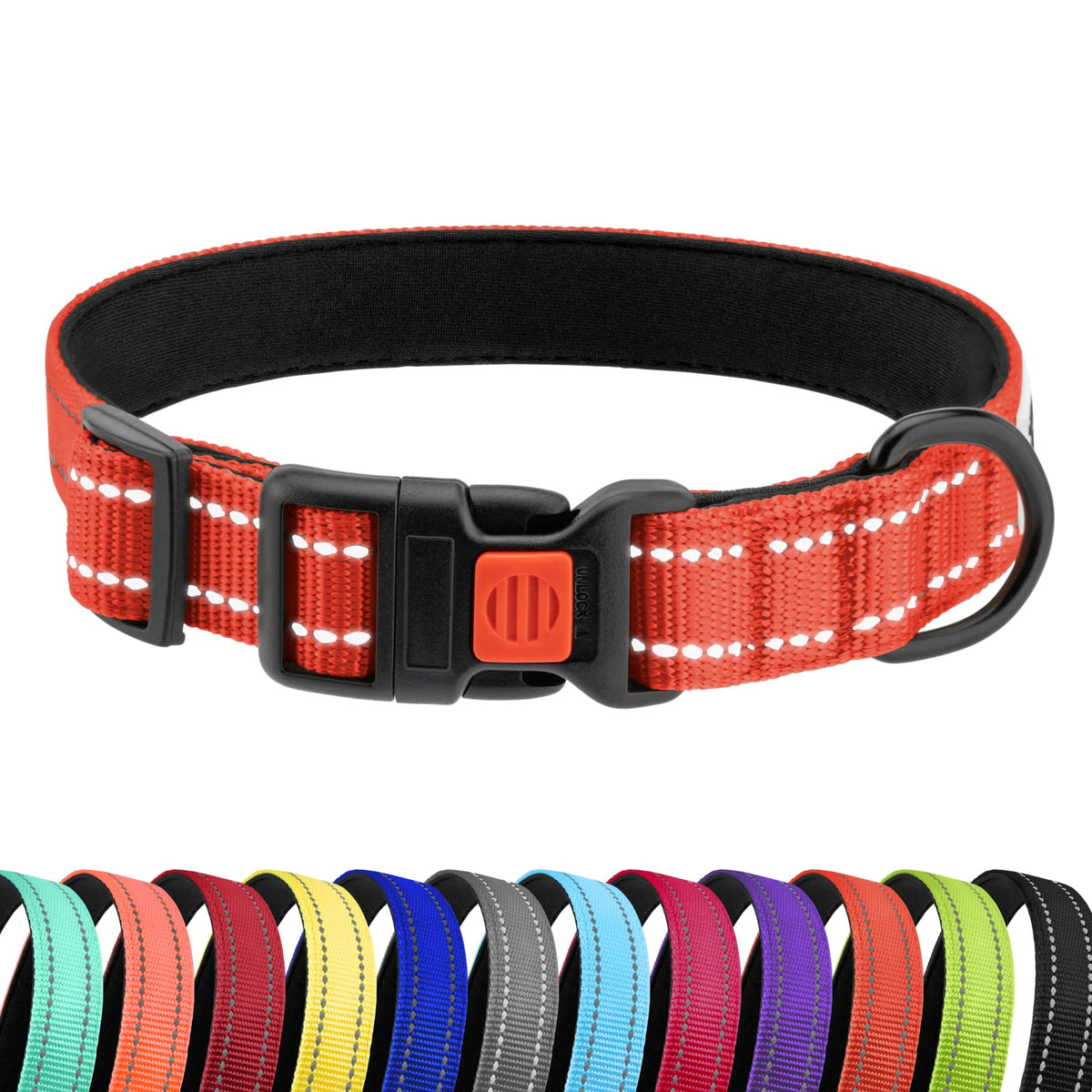 Collardirect Reflective Padded Dog Collar For A Small, Medium, Large Dog Or Puppy With A Quick Release Buckle - Boy And Girl - Nylon Suitable For Swimming (12-16 Inch, Orange)