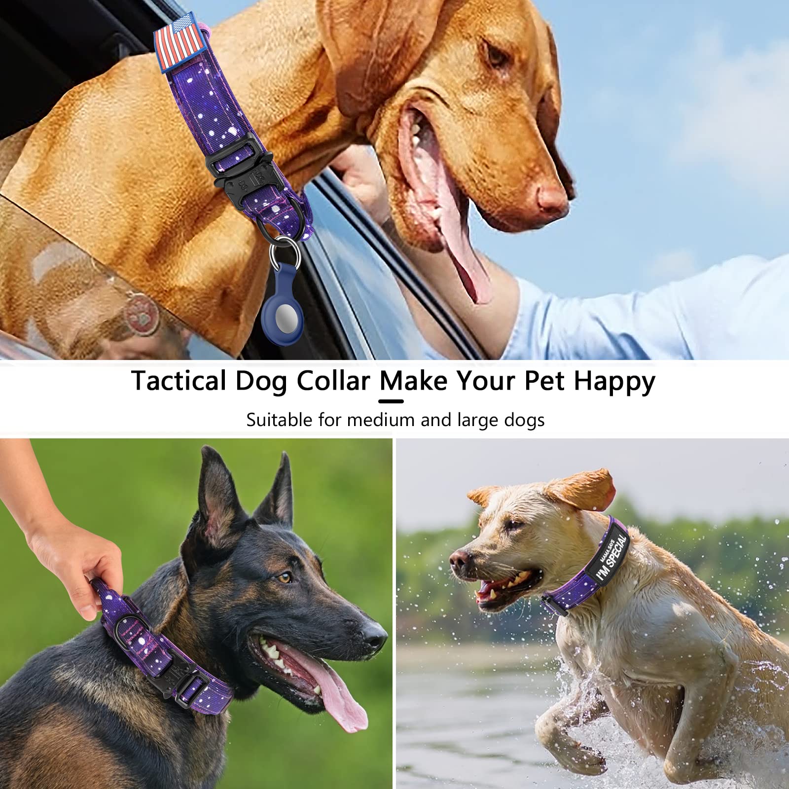 DAGANXI Tactical Dog Collar - Adjustable Nylon with Control Handle, Heavy Metal Buckle, XL, Purple Sky, Includes Patches & Airtags Case
