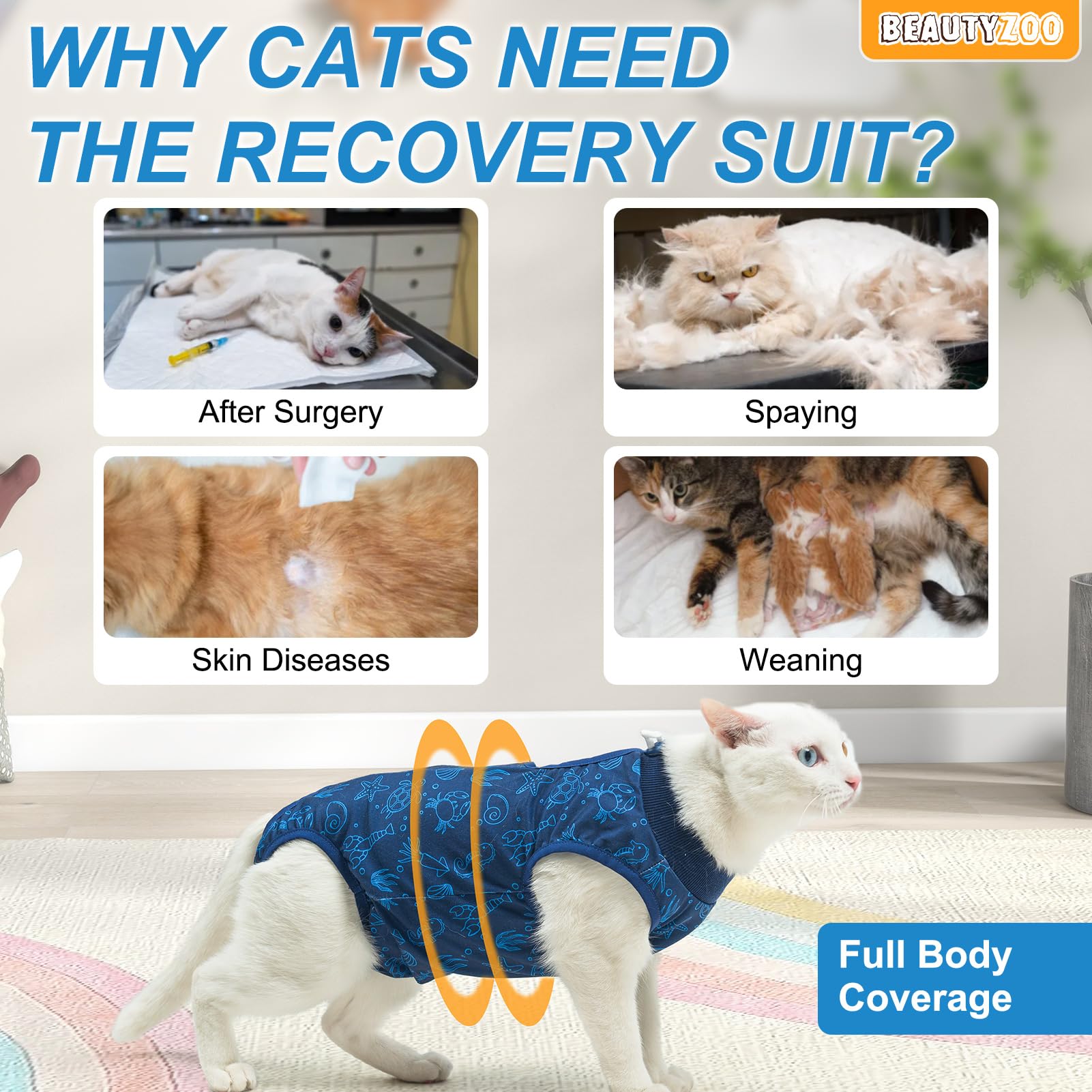 Beautyzoo 2 Pack Cat Recovery Suit, Cat Onesie For Cats After Surgery Female Male, Kitten Spay Neuter Surgical Recovery Body Sui