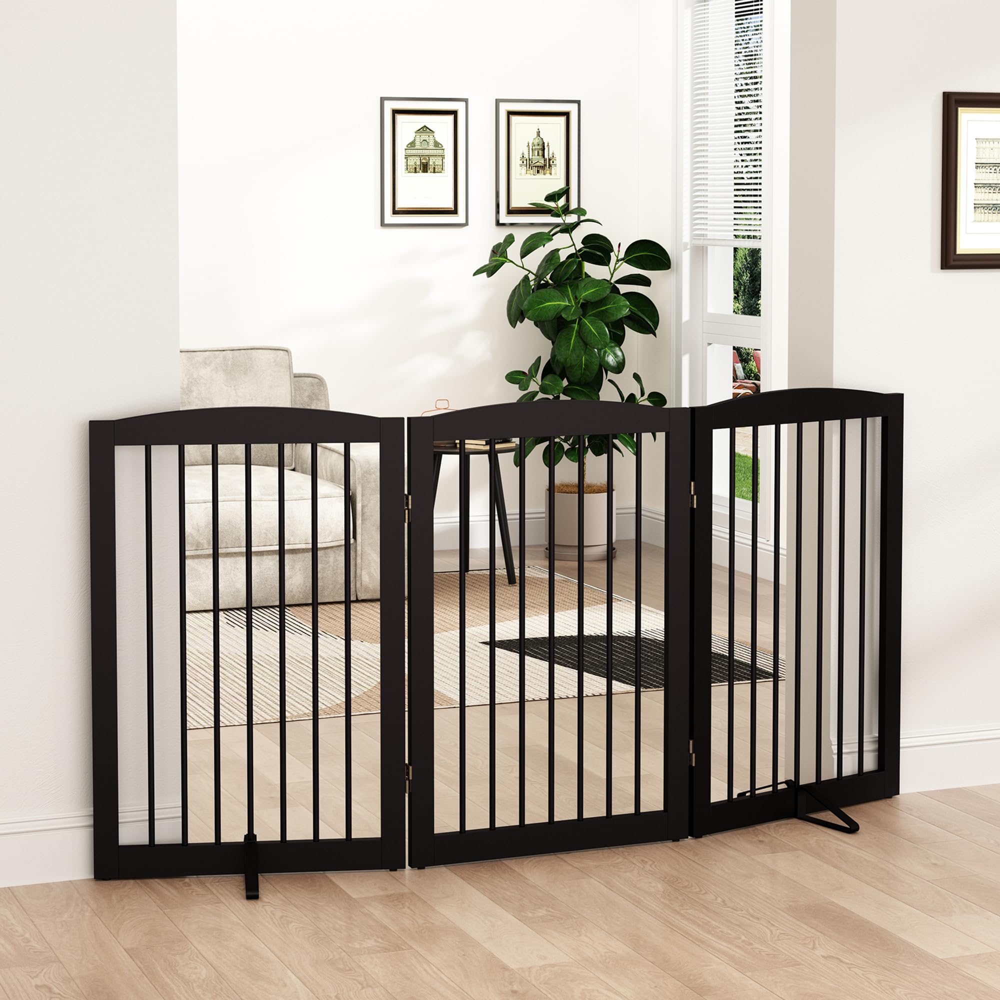 Pupetpo Freestanding Pet Gate For Dogs, Foldable Wooden Dog Gate For House Indoor, Tall Dog Gate For Stair, Doorway,Hall, Step Over Pet Puppy Safety Fence, 3 Panels 32'',Brown