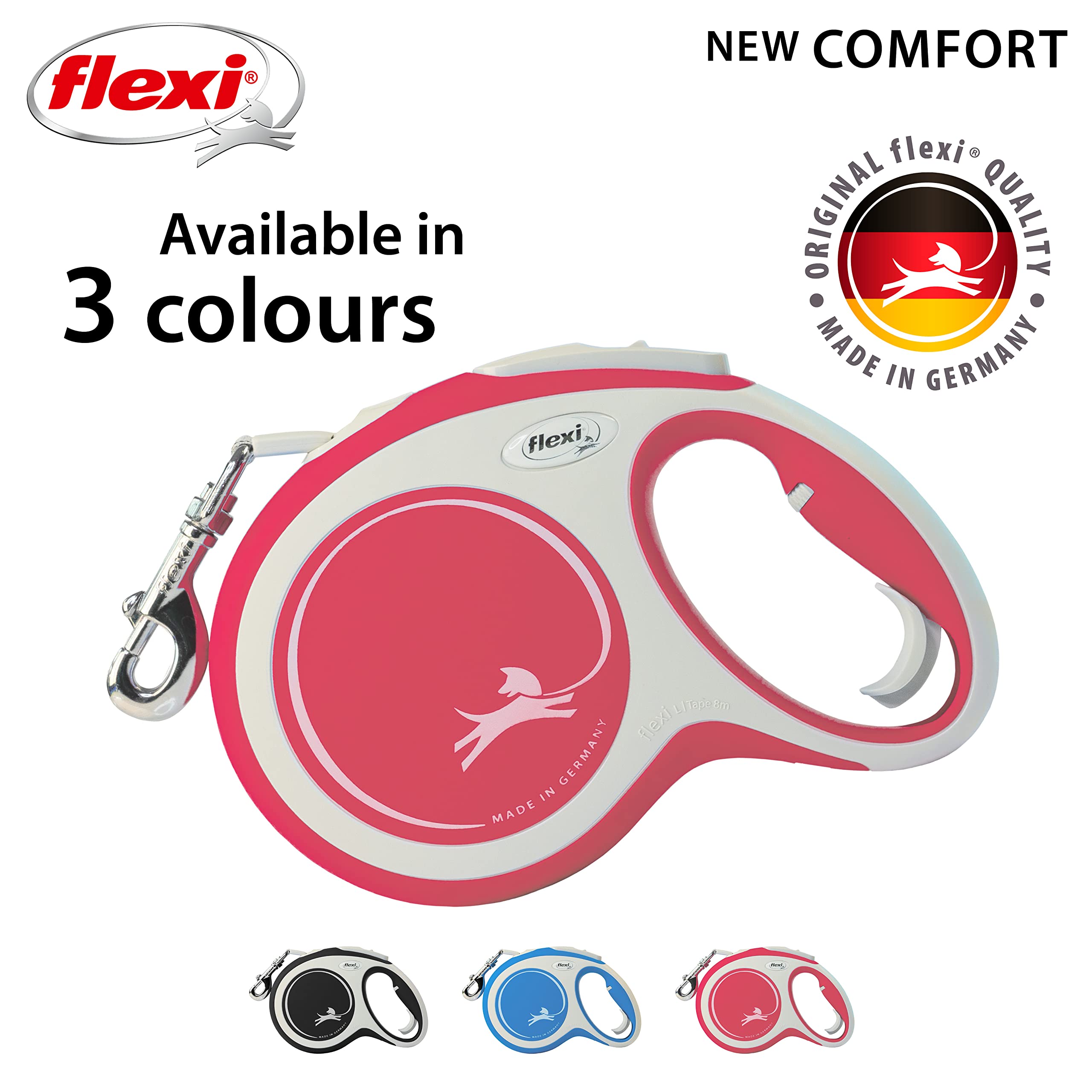 Flexi New Comfort Tape Large 8M Grey & Red Retractable Dog Leash/Lead For Dogs Up To 50Kgs/110Lbs