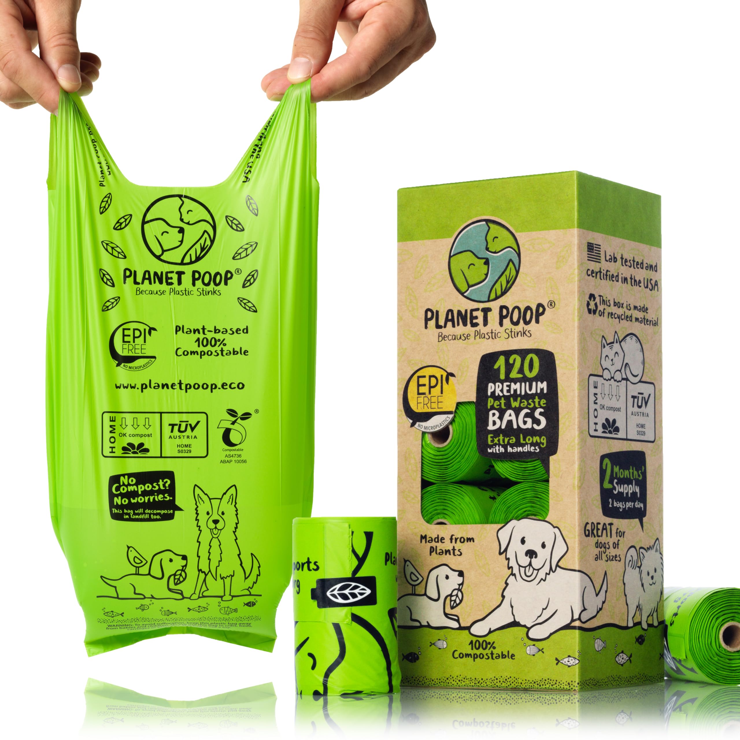 Planet Poop Home Compostable Dog Poop Bags Extra-Long With Handles 120 Un-Scented Pet Waste Bags Plastic Free, Thick Leakproof P