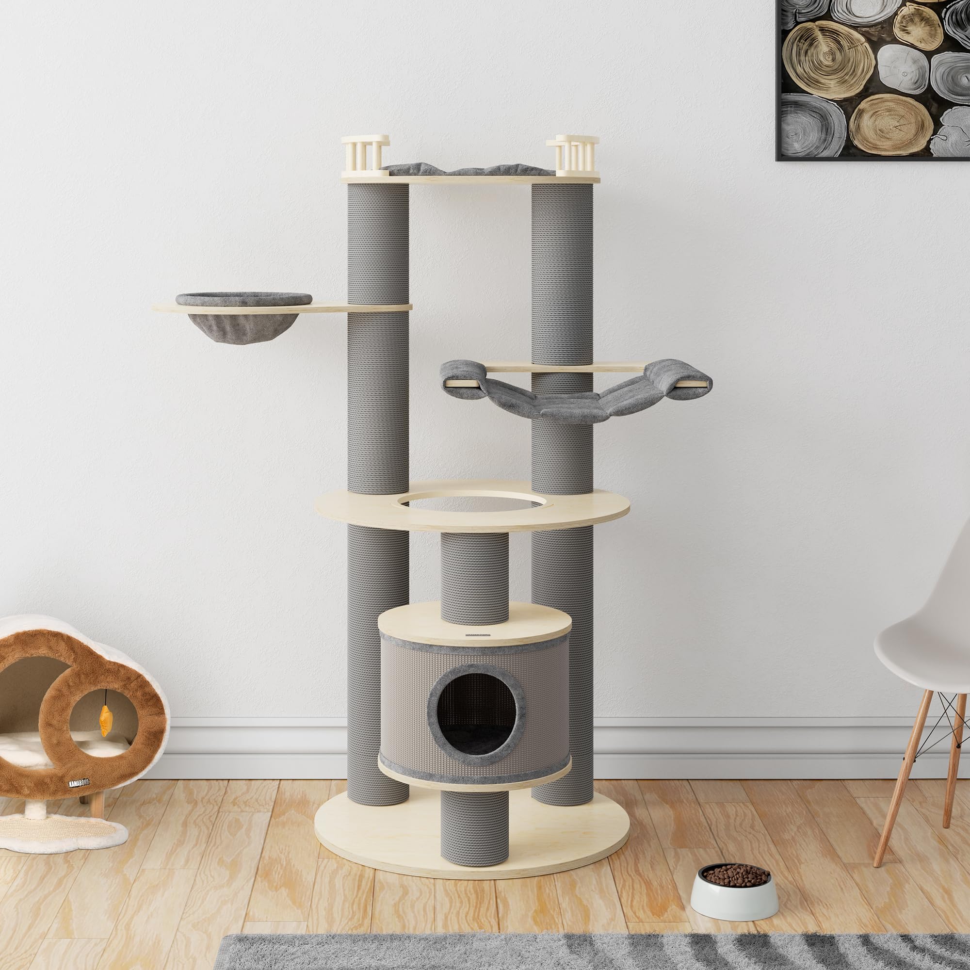 Kamaboko 66'' Extra Large Cat Tree, Tall Cat Tree - 5 Levels Wood Cat Tower W/Cat Condo, Hammocks & Hanging Basket For 2 Cats