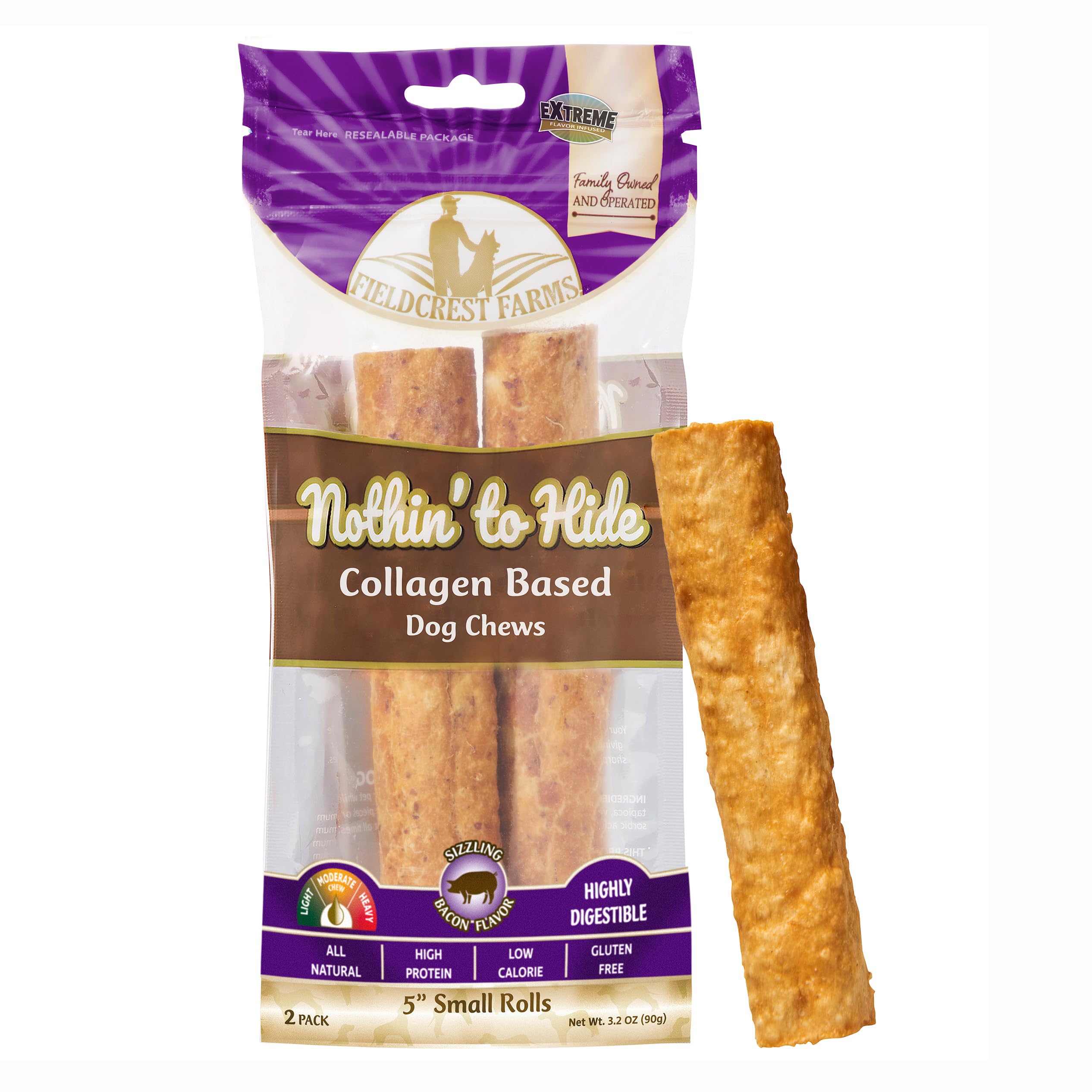 Fieldcrest Farms Nothin to Hide Small Roll Dog Chews, 5    Bacon Flavor, 2 Pack - Highly Digestible Collagen Rolls for Moderate 