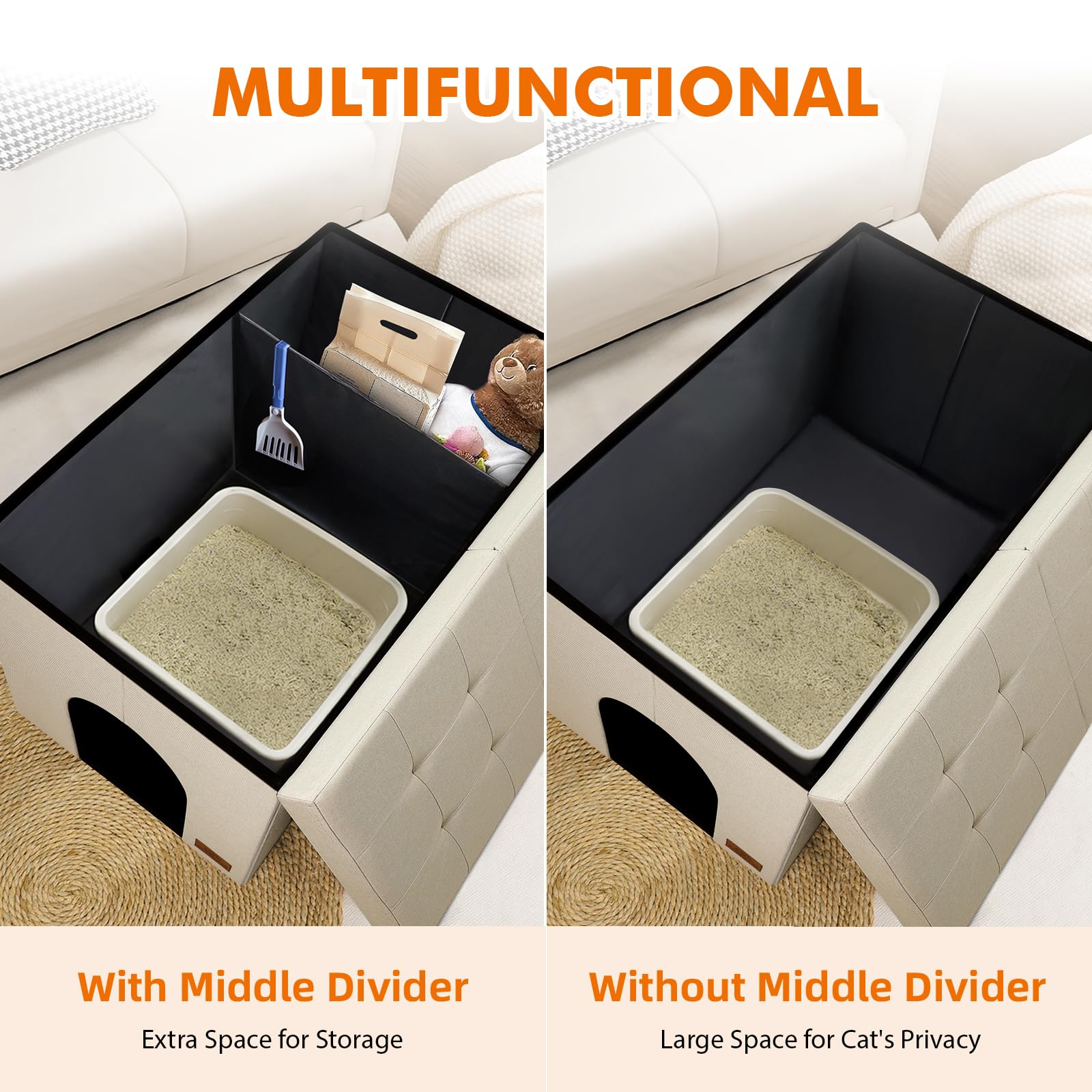 Zerbuger Cat Litter Box Enclosure, Large Cream Ottoman with Storage, Odor Control Flip-Up Lid